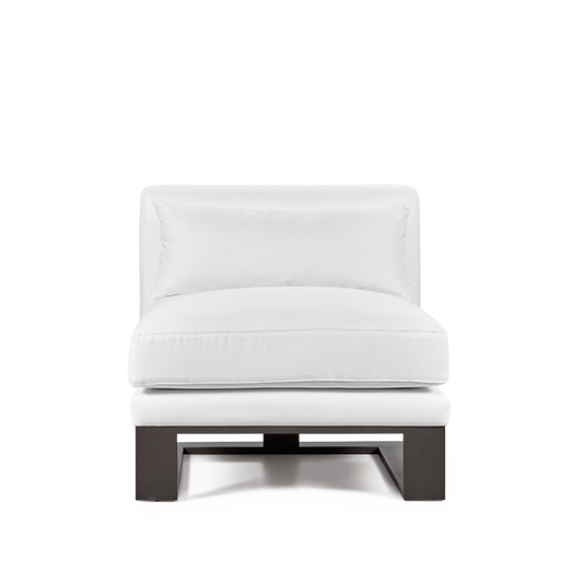 Front view of Alpes armchair with white textile