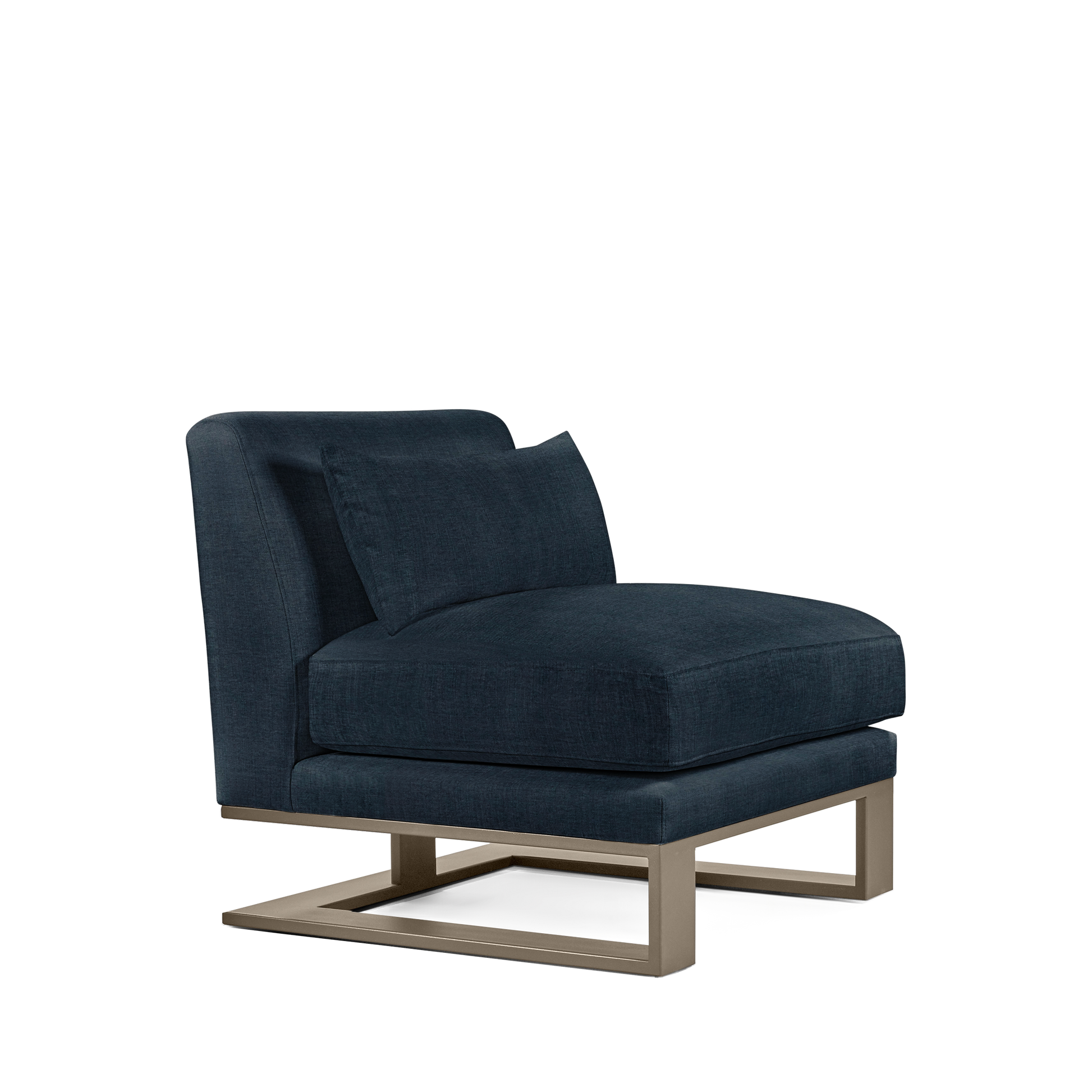 Alpes armchair with dark blue textile and champagne colored wood legs
