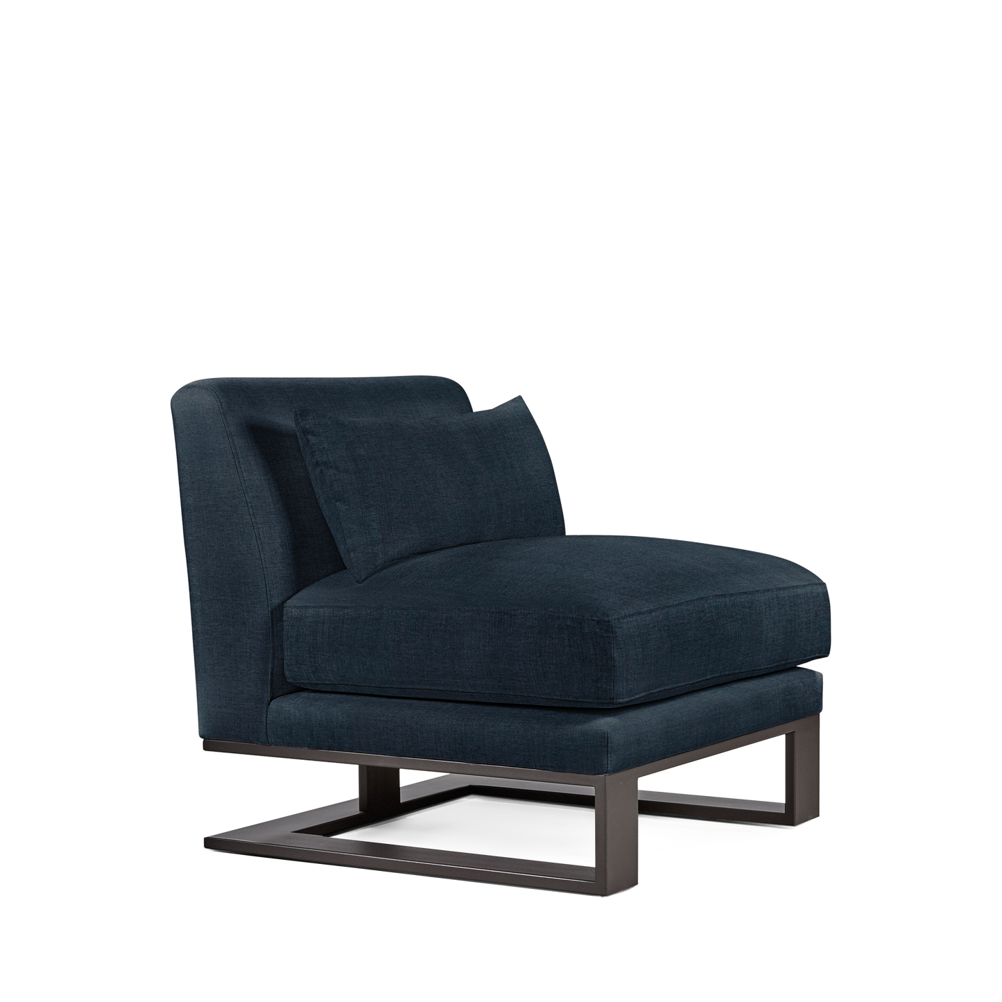 Alpes armchair with dark blue textile and moka colored wood legs