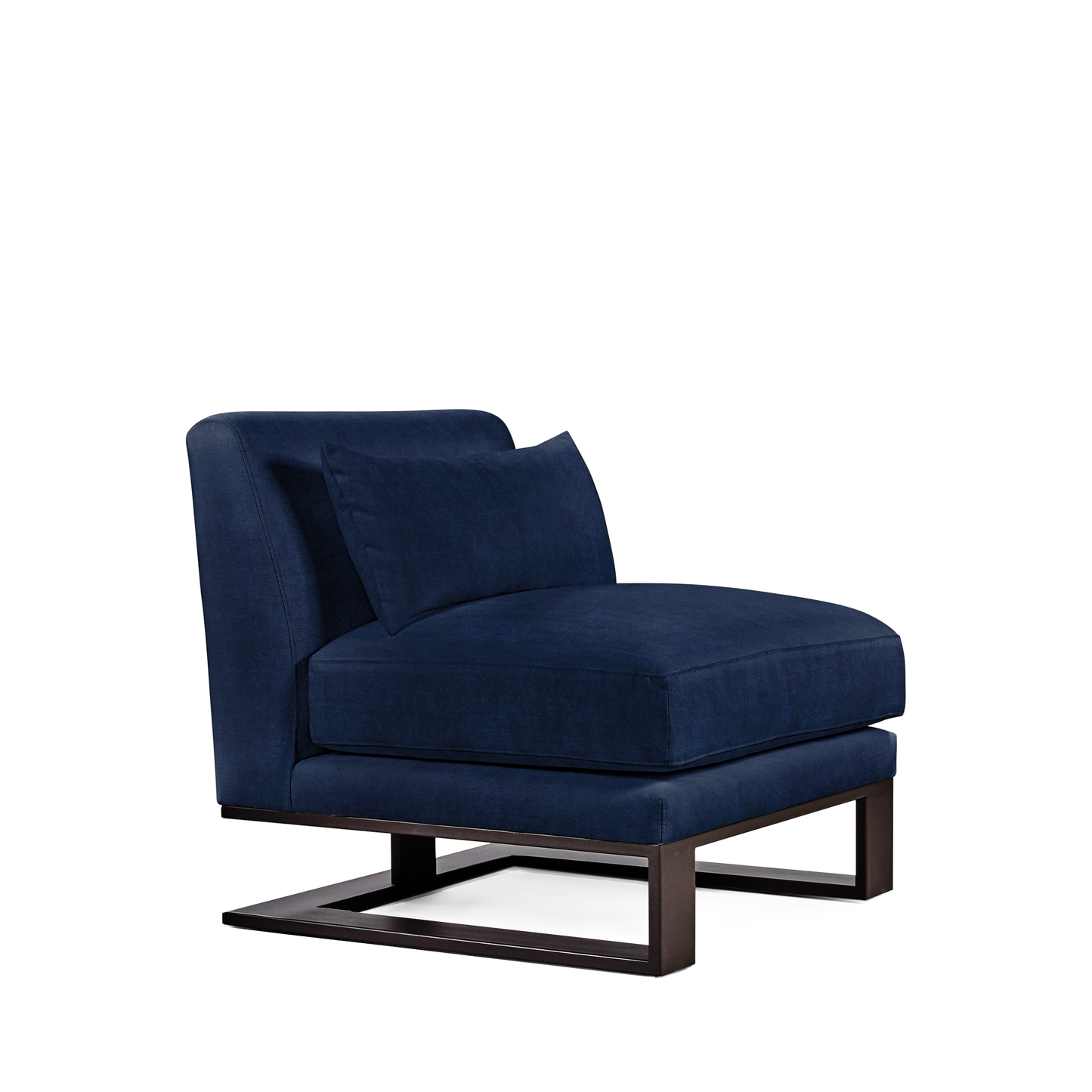 Alpes armchair with dark blue textile and moka colored wood legs