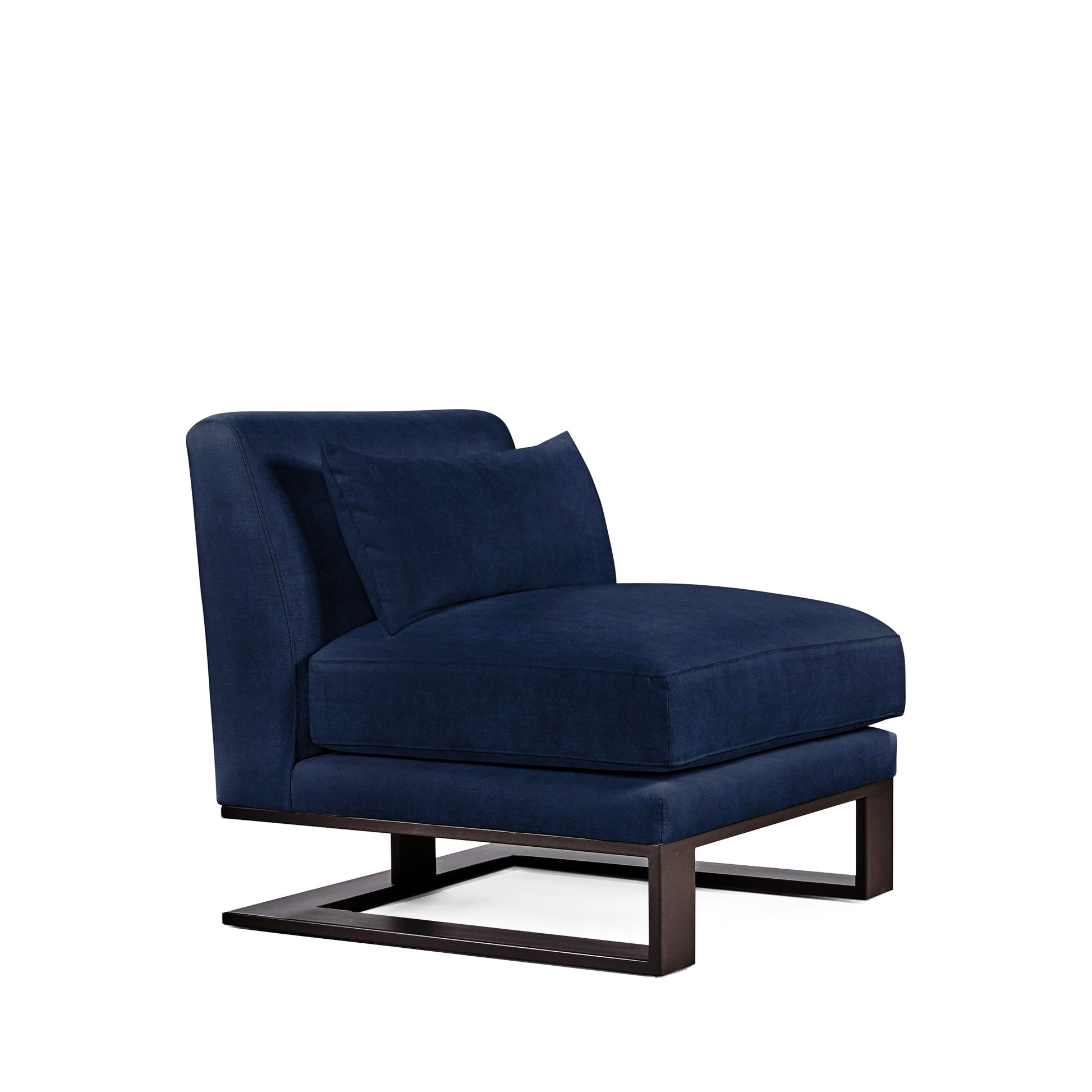 Alpes armchair with dark blue textile and moka colored wood legs