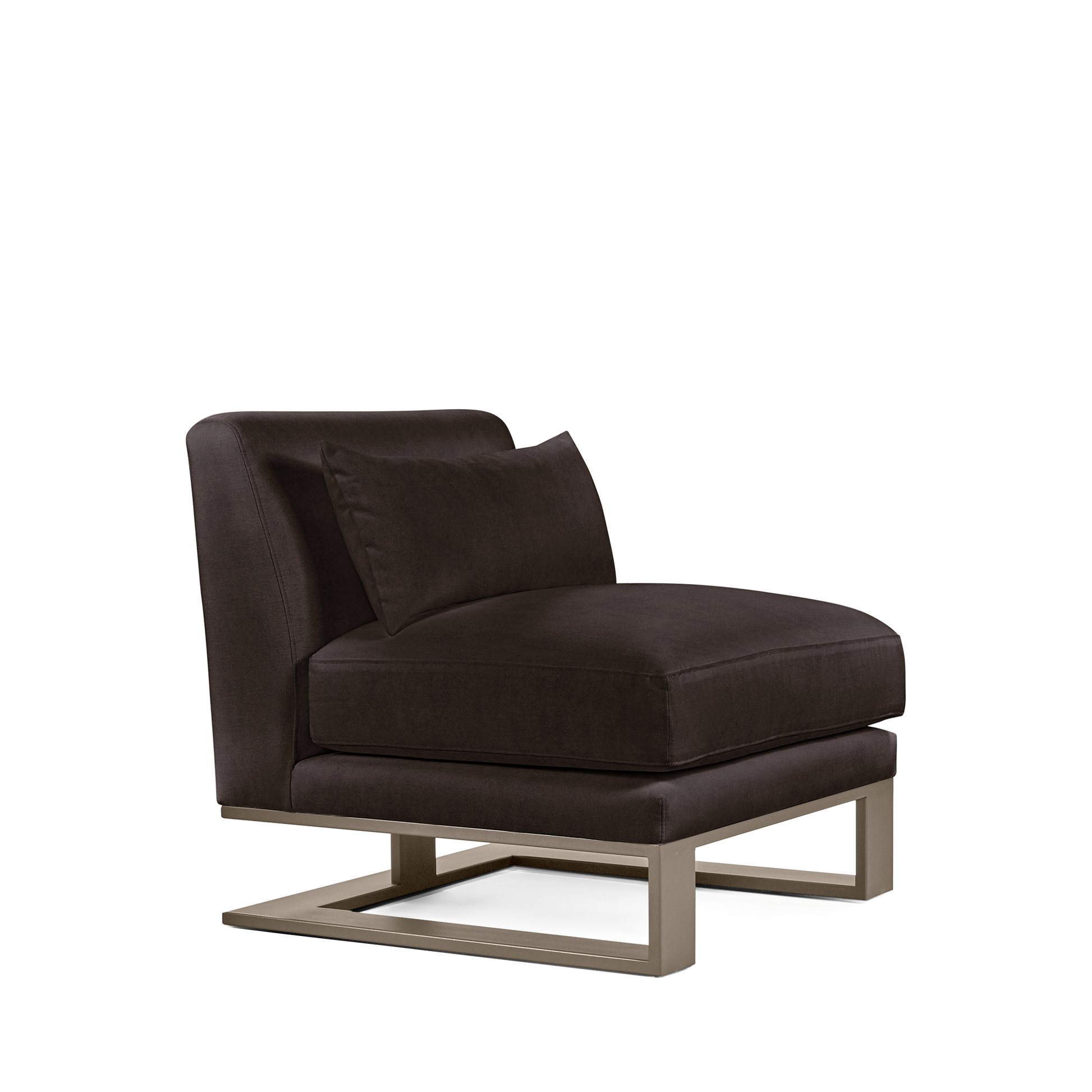 Alpes armchair with dark brown textile and champagne colored wood legs