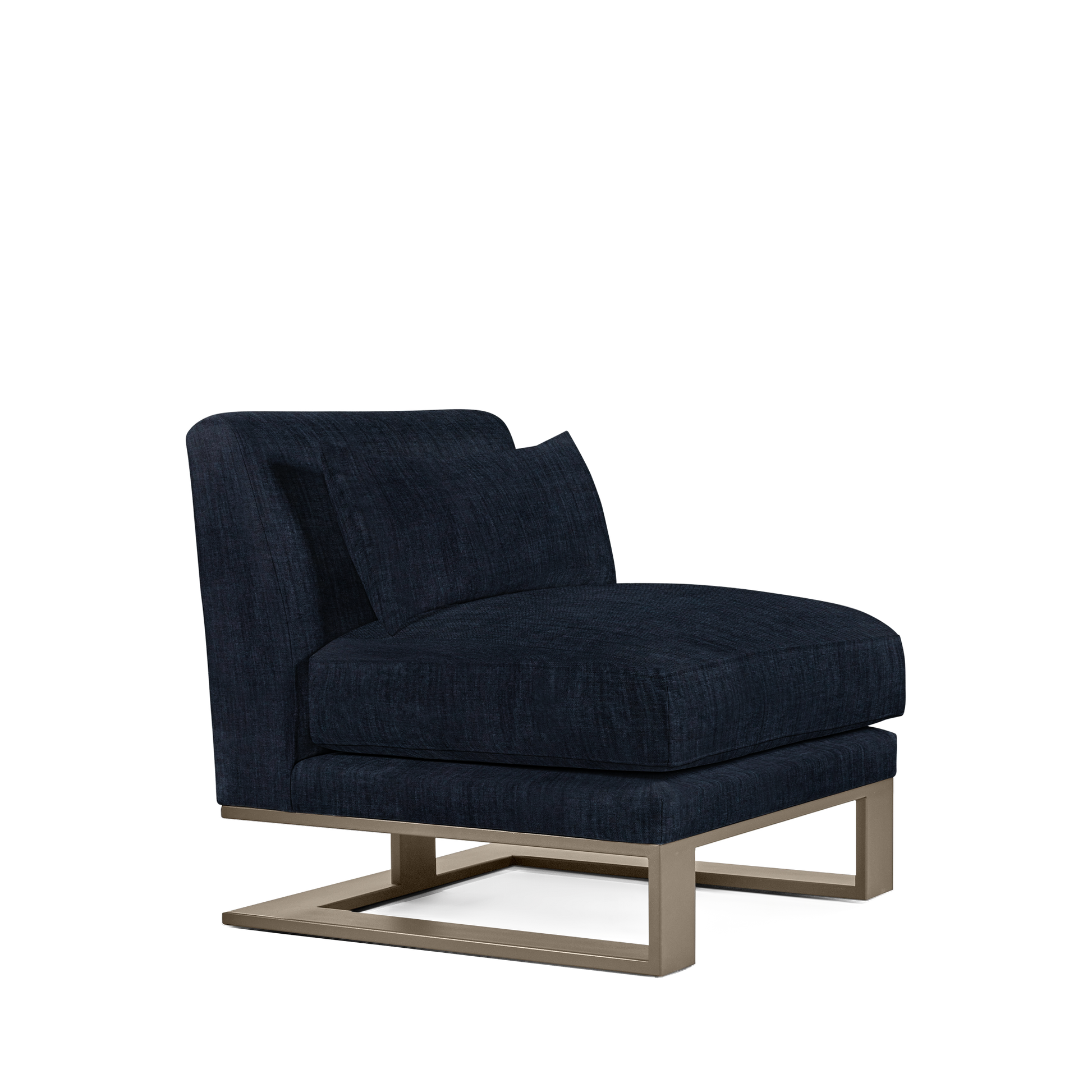 Alpes armchair with dark blue textile and champagne colored wood legs