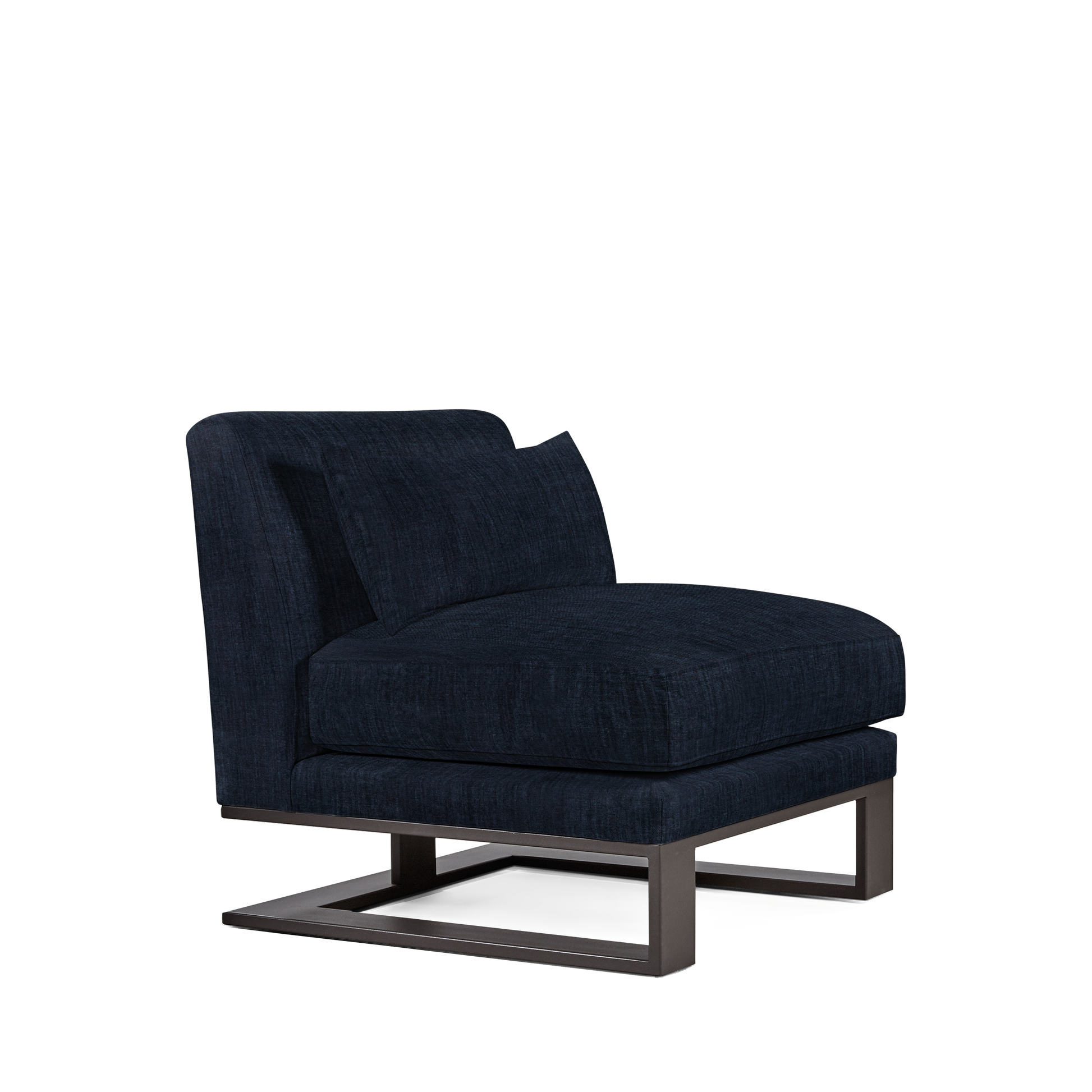 Alpes armchair with dark blue textile and moka colored wood legs