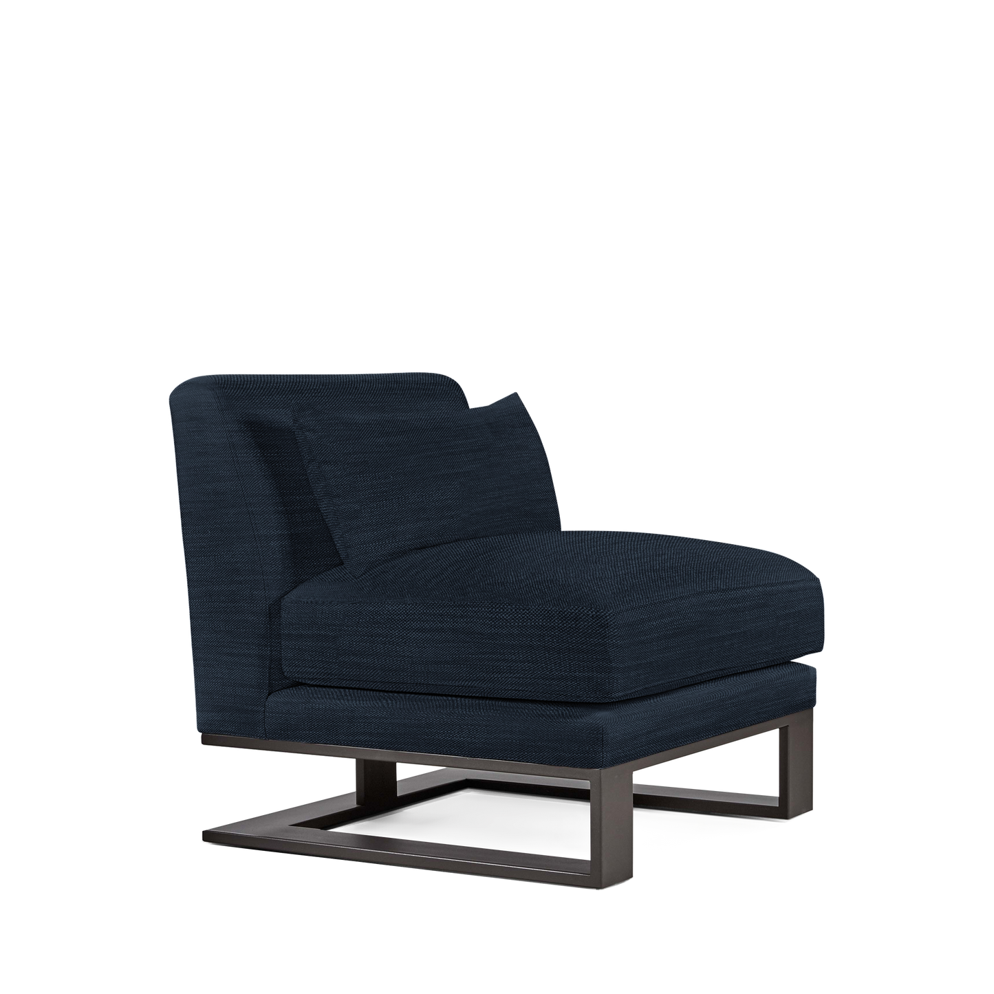 Alpes armchair with dark blue textile and moka colored wood legs