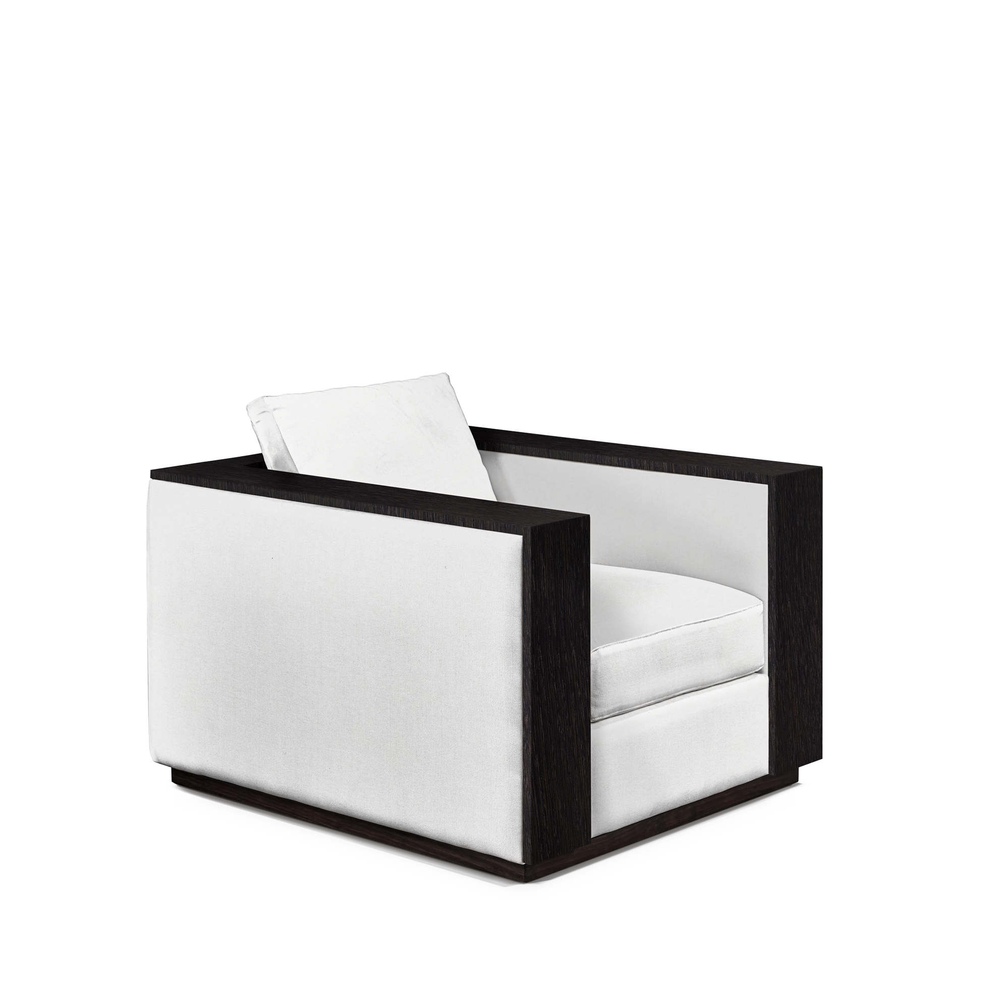 ROBLE ARMCHAIR with linara white textile and chocolate wood