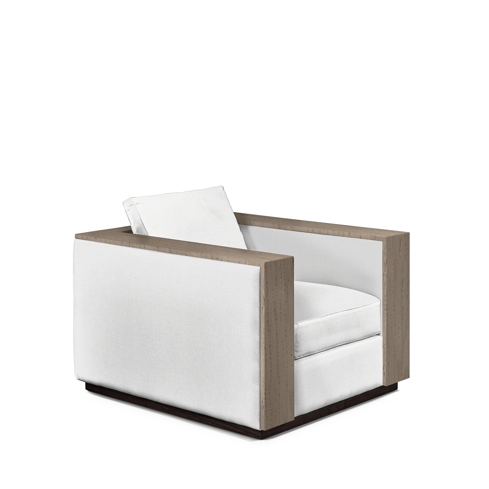 ROBLE ARMCHAIR with linara white textile and natural grey wood