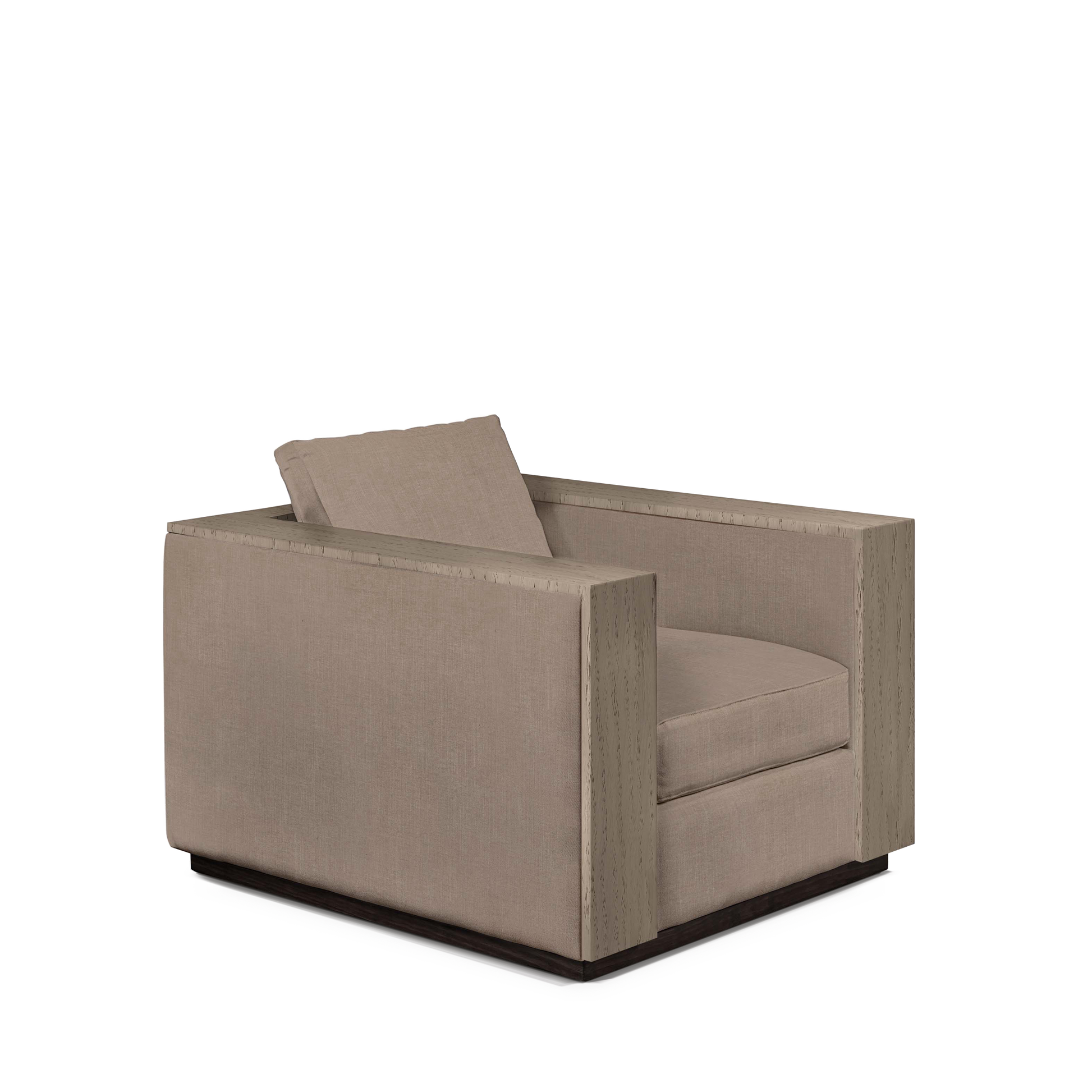 ROBLE ARMCHAIR with light brown textile and natural grey wood