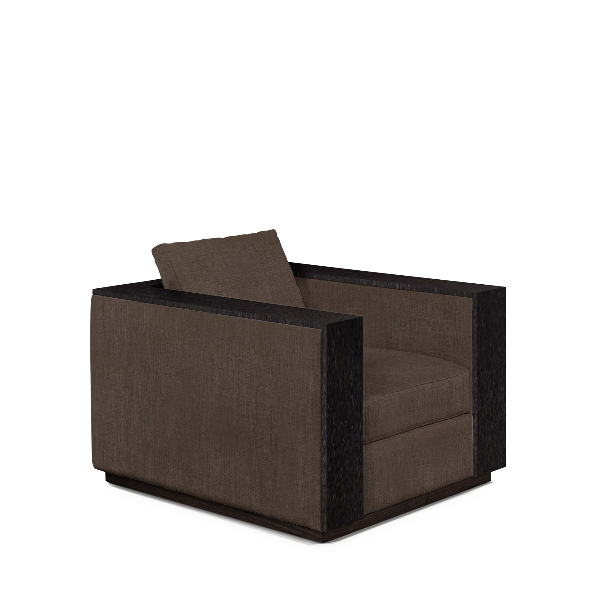 ROBLE ARMCHAIR with warm grey textile and chocolate wood