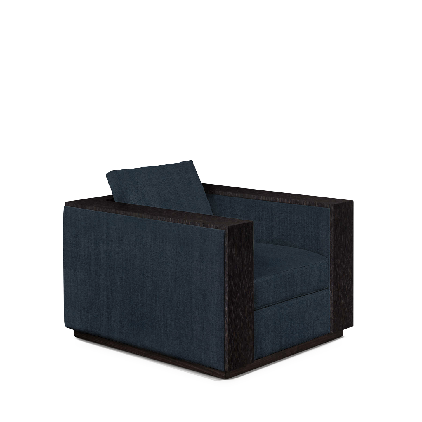 ROBLE ARMCHAIR with dark linco blue textile and chocolate wood