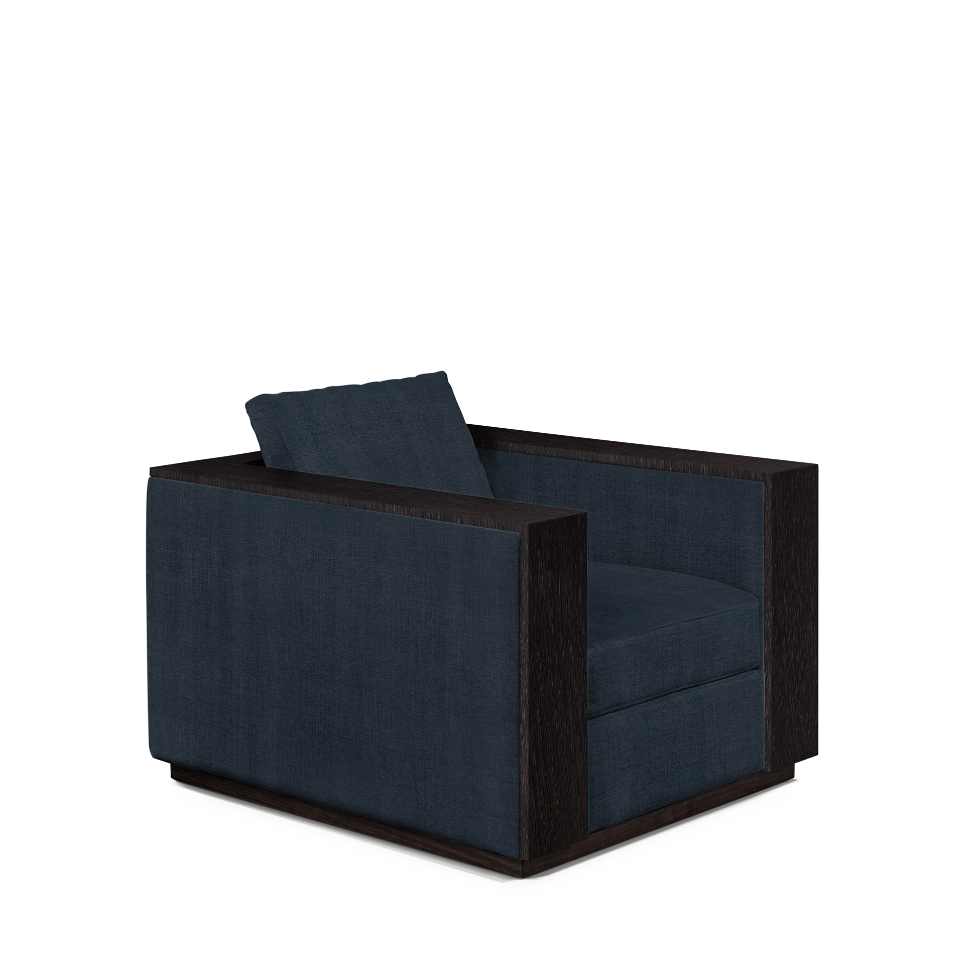 ROBLE ARMCHAIR with dark linco blue textile and chocolate wood