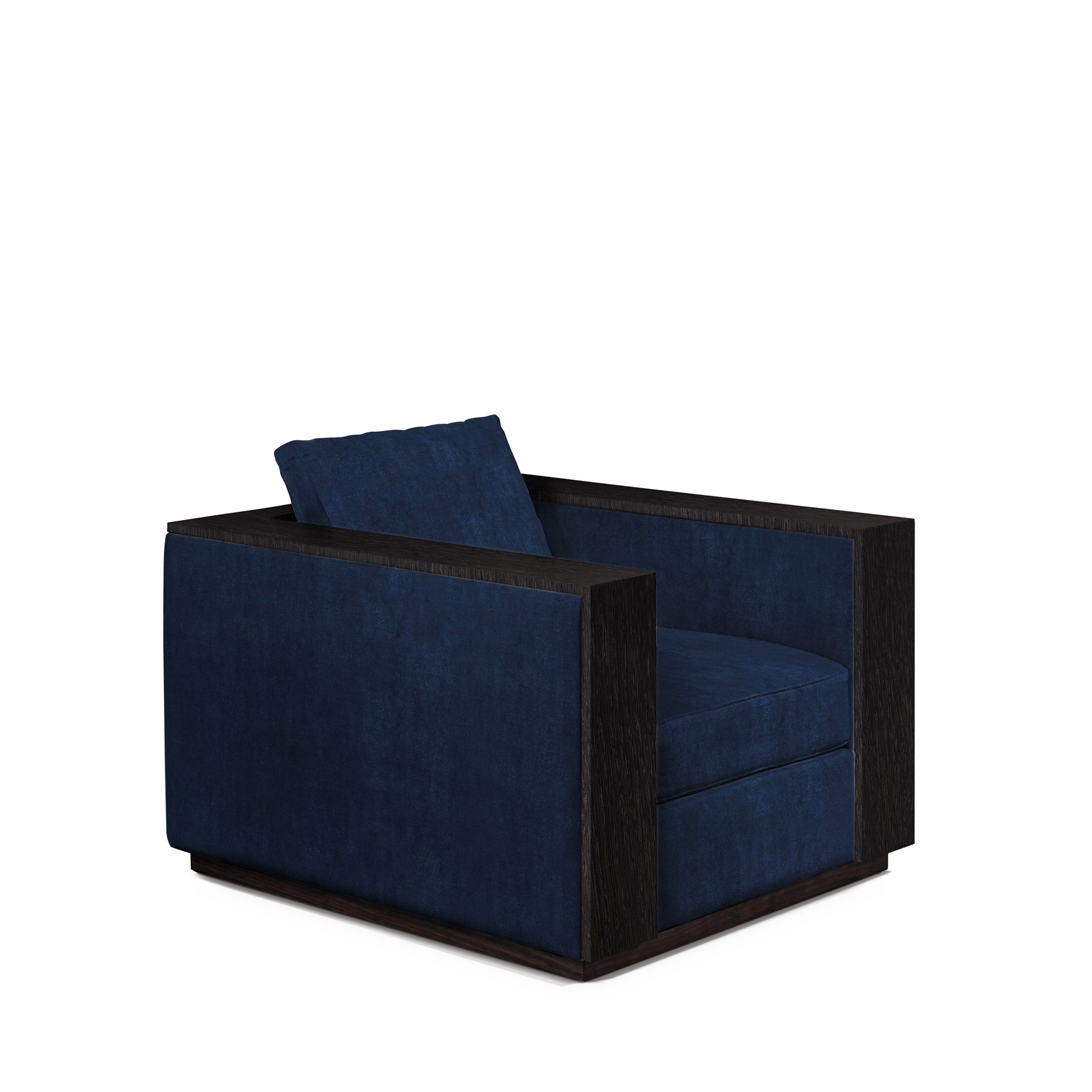 ROBLE ARMCHAIR with London dark blue textile and chocolate wood