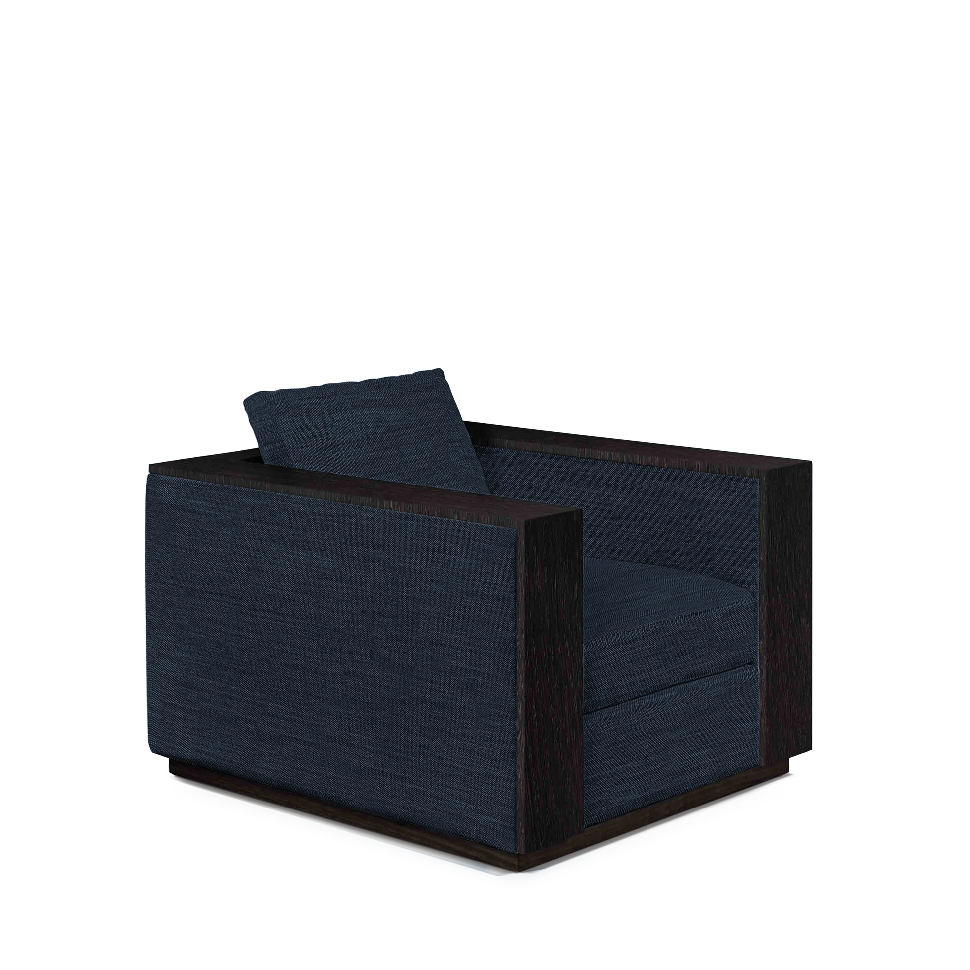 ROBLE ARMCHAIR with Rocco dark blue textile and chocolate wood