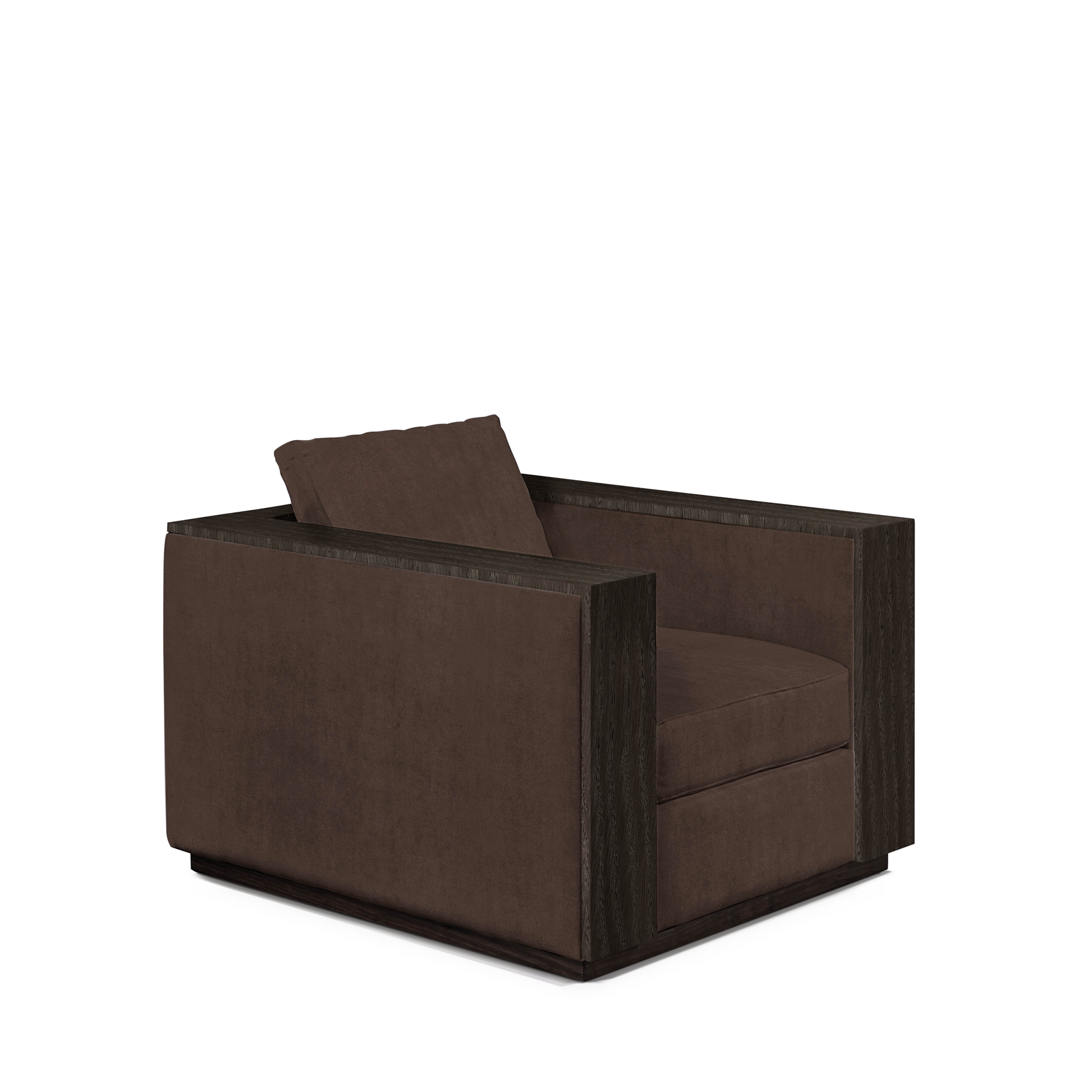 ROBLE ARMCHAIR with suede brown textile and dark grey wood