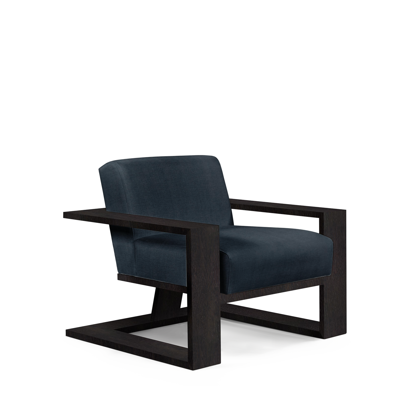SIERRA ARMCHAIR with linco dark blue textile and chocolate wood