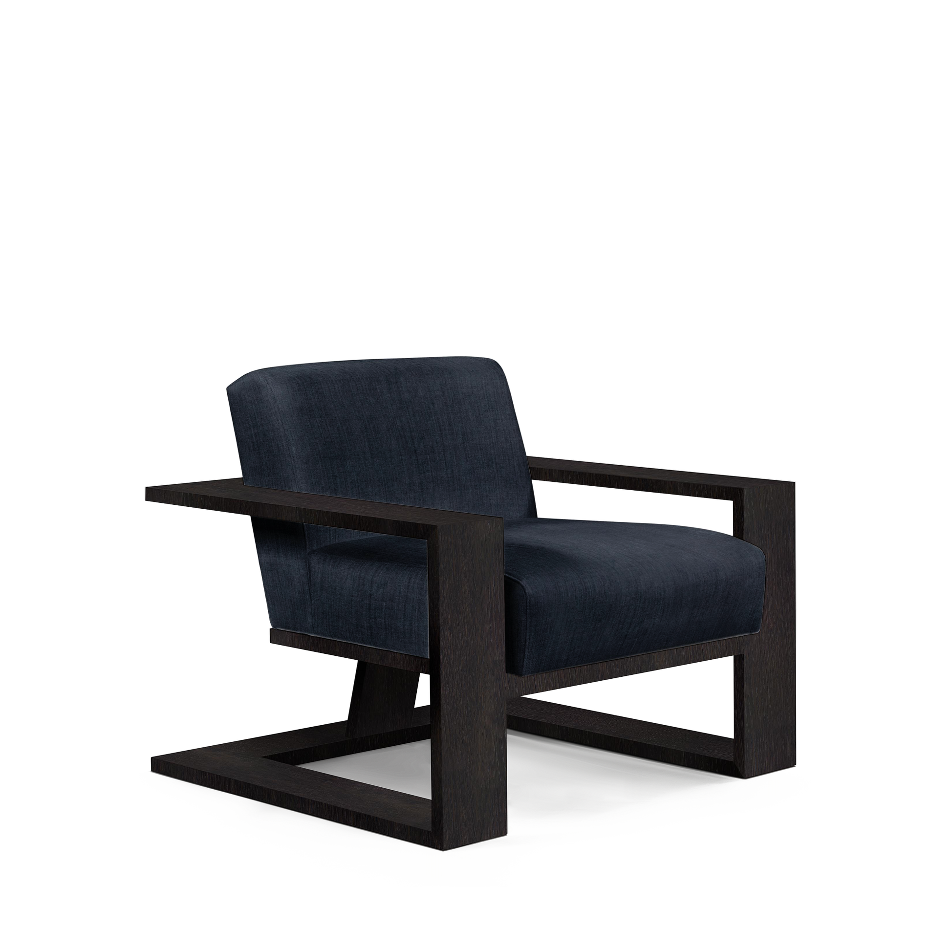 SIERRA ARMCHAIR with dark blue textile and chocolate wood