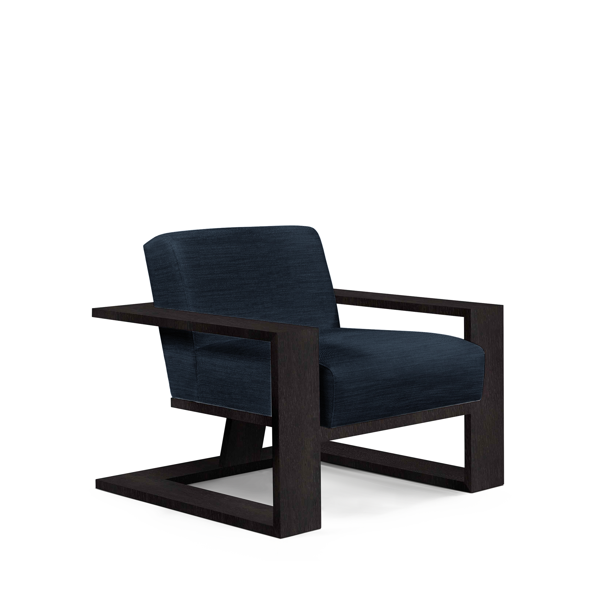 SIERRA ARMCHAIR with Rocco dark blue textile and chocolate wood