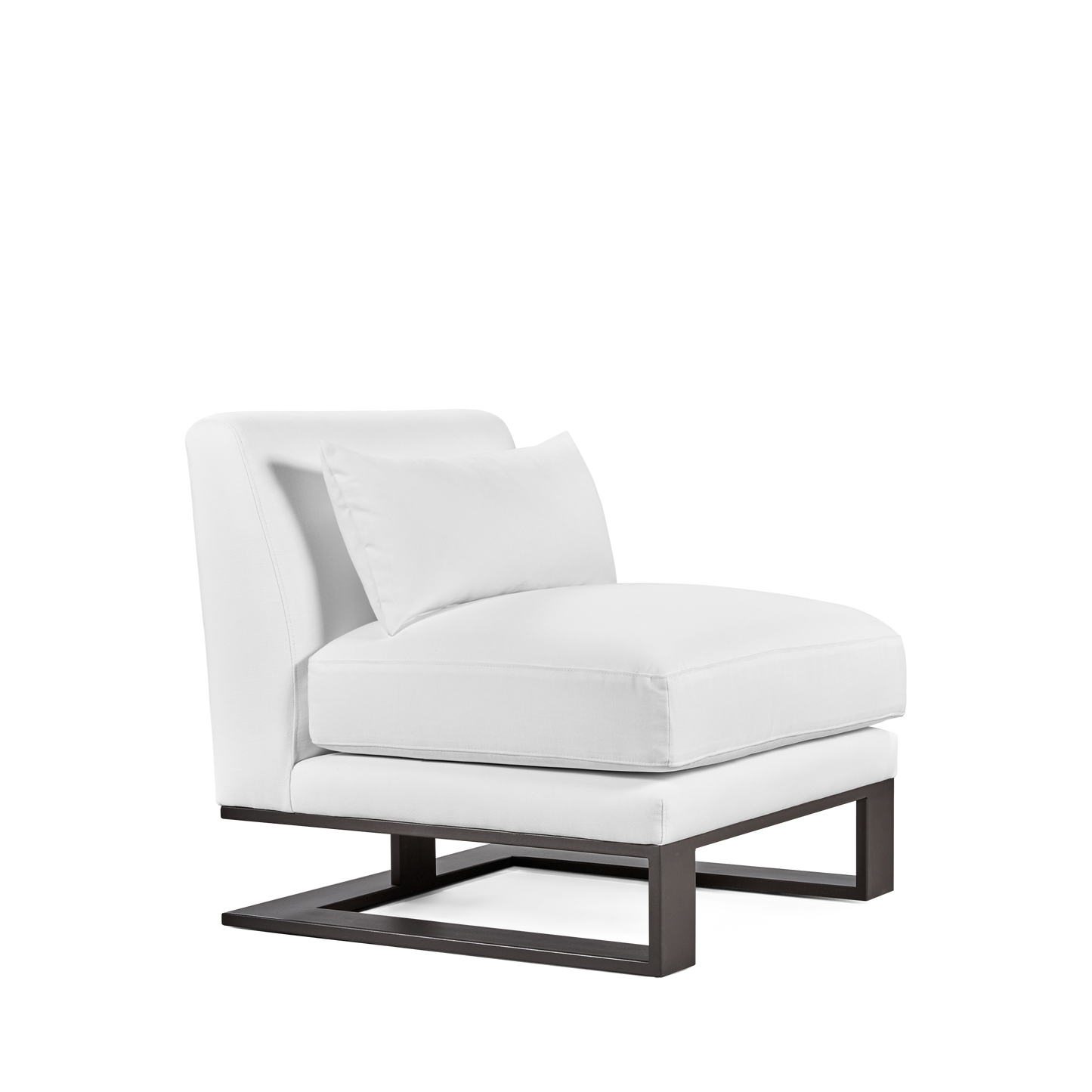 Side view of metal framed Alpes armchair with white textile