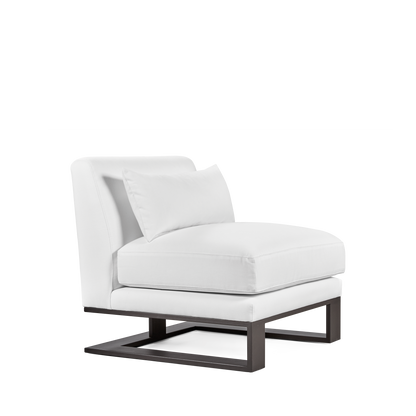 Side view of metal framed Alpes armchair with white textile