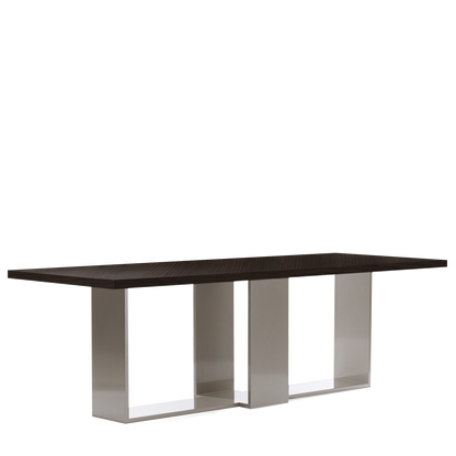 Front view of ARENA Rectangular dining table with dark grey table top and champagne legs 