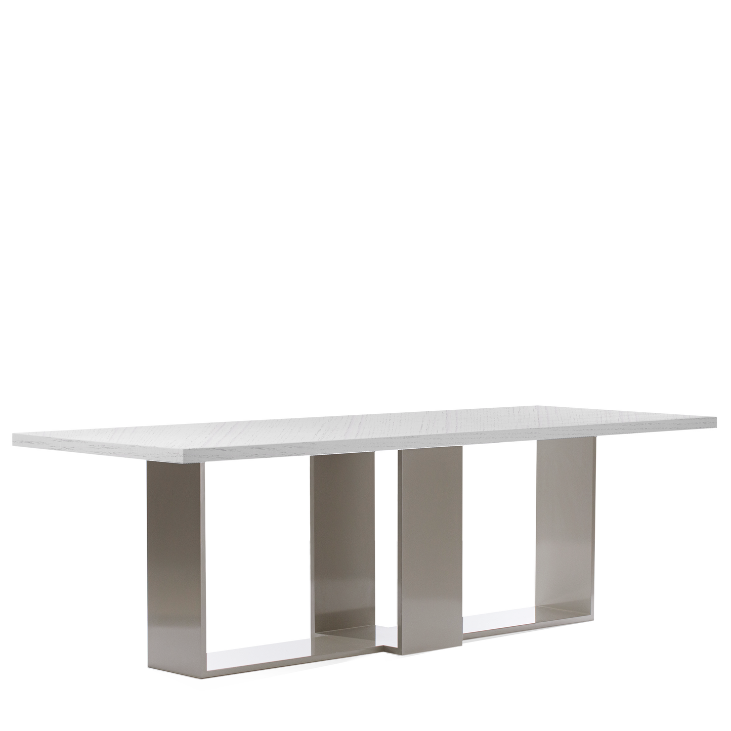 Front view of ARENA Rectangular dining table with white table top and champagne legs 