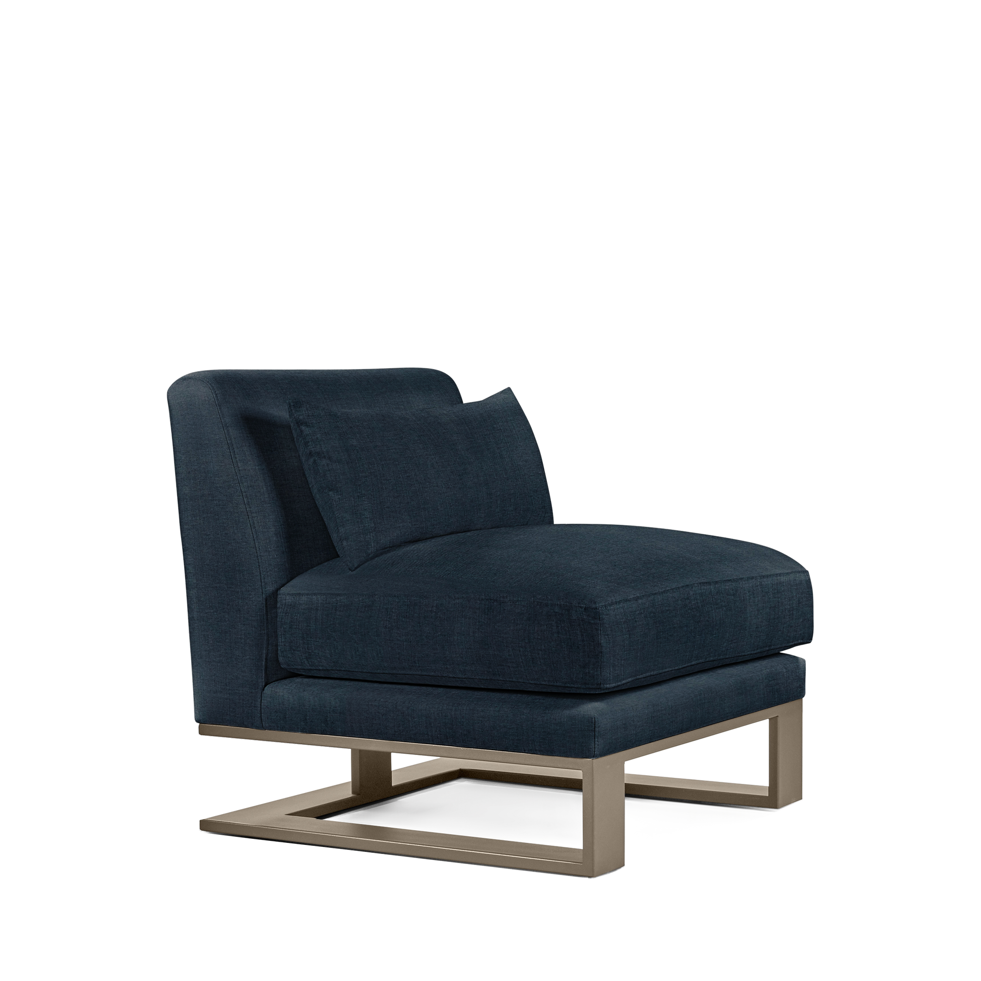 Alpes armchair with dark blue textile and champagne colored wood legs 