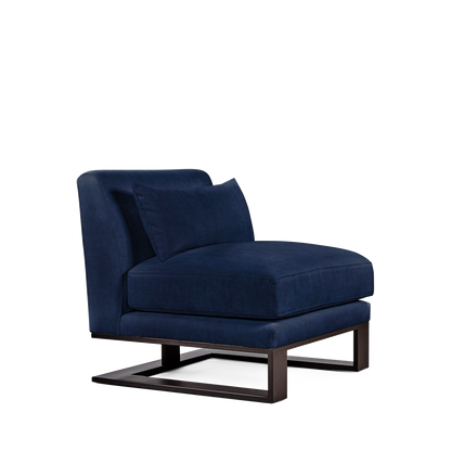Alpes armchair with dark blue textile and moka colored wood legs 