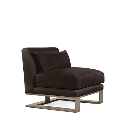 Alpes armchair with dark brown textile and champagne colored wood legs 