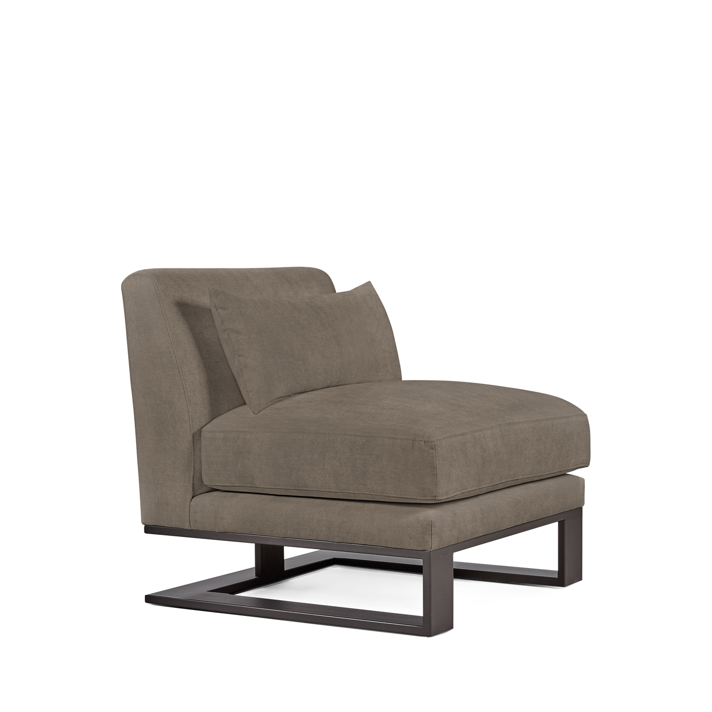Alpes armchair with suede grey textile and moka colored wood legs 