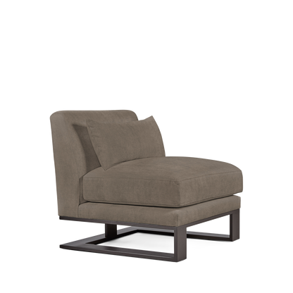 Alpes armchair with suede grey textile and moka colored wood legs 