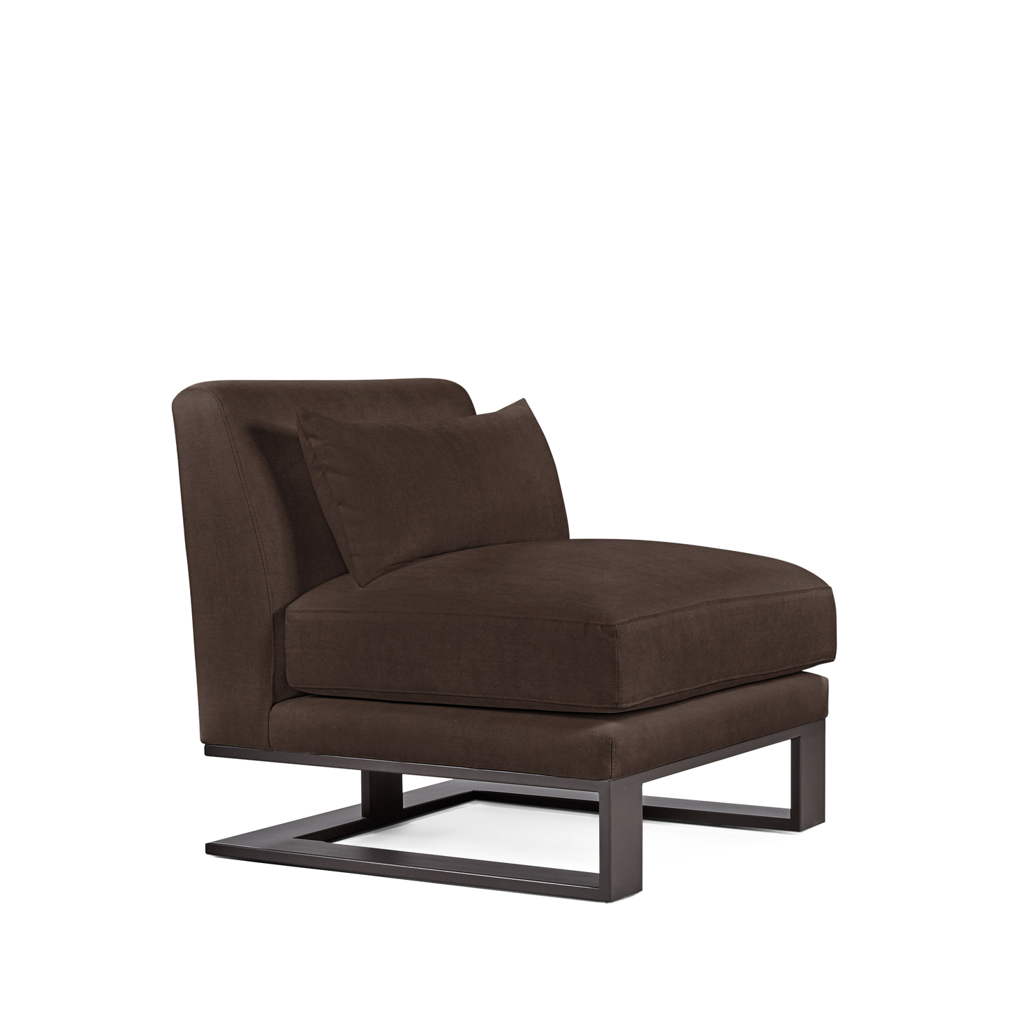 Alpes armchair with suede brown textile and moka colored wood legs 