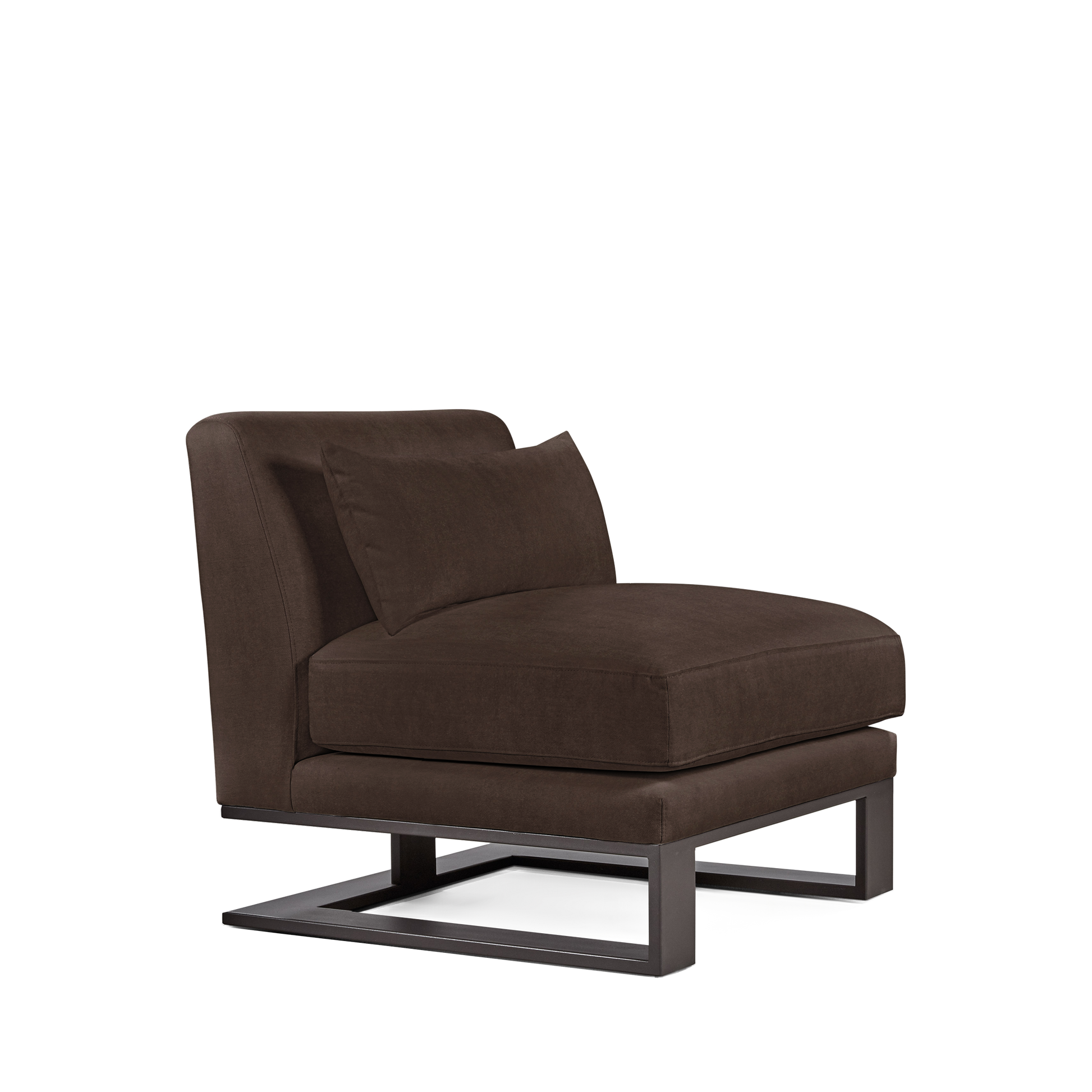 Alpes armchair with suede brown textile and moka colored wood legs 