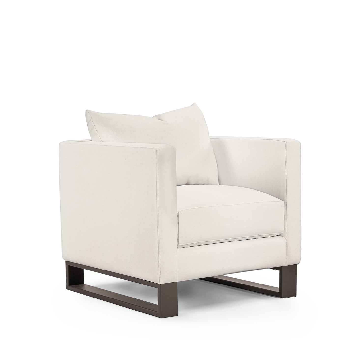 Front view Atlin armchair with white bolt textile with moka legs 