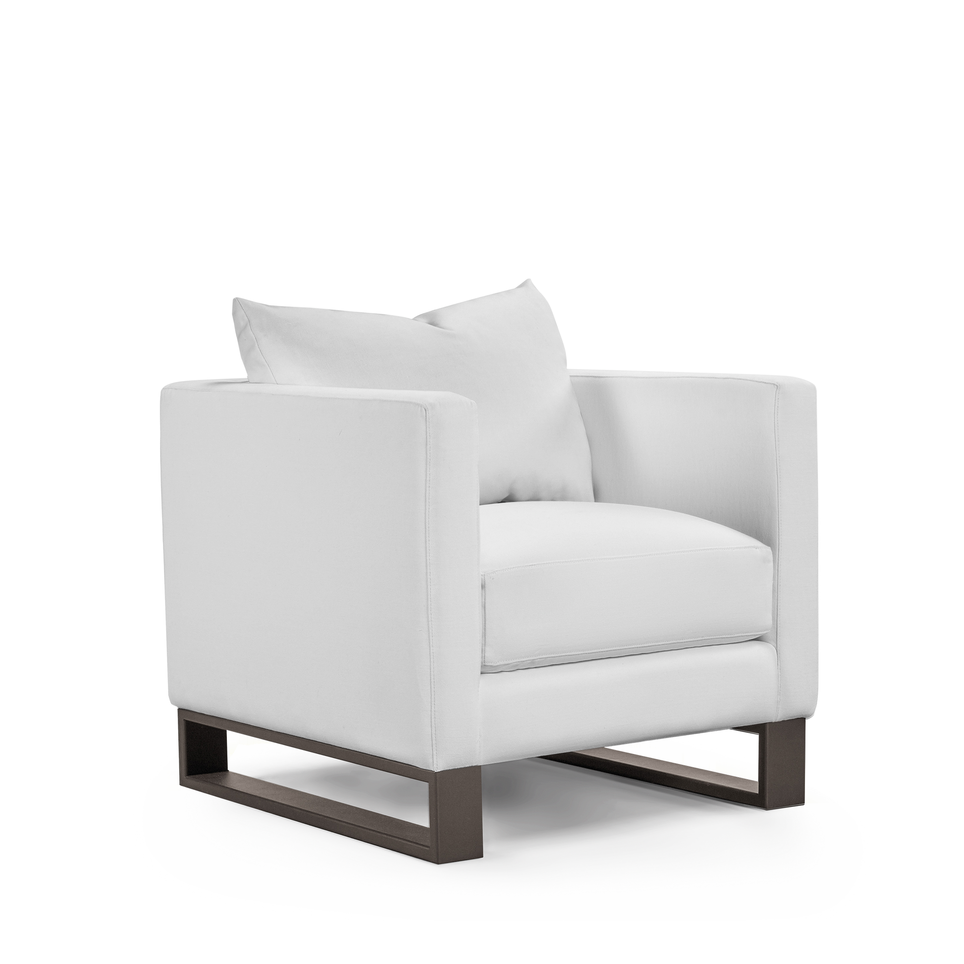 Atlin armchair with linara white textile with moka legs 