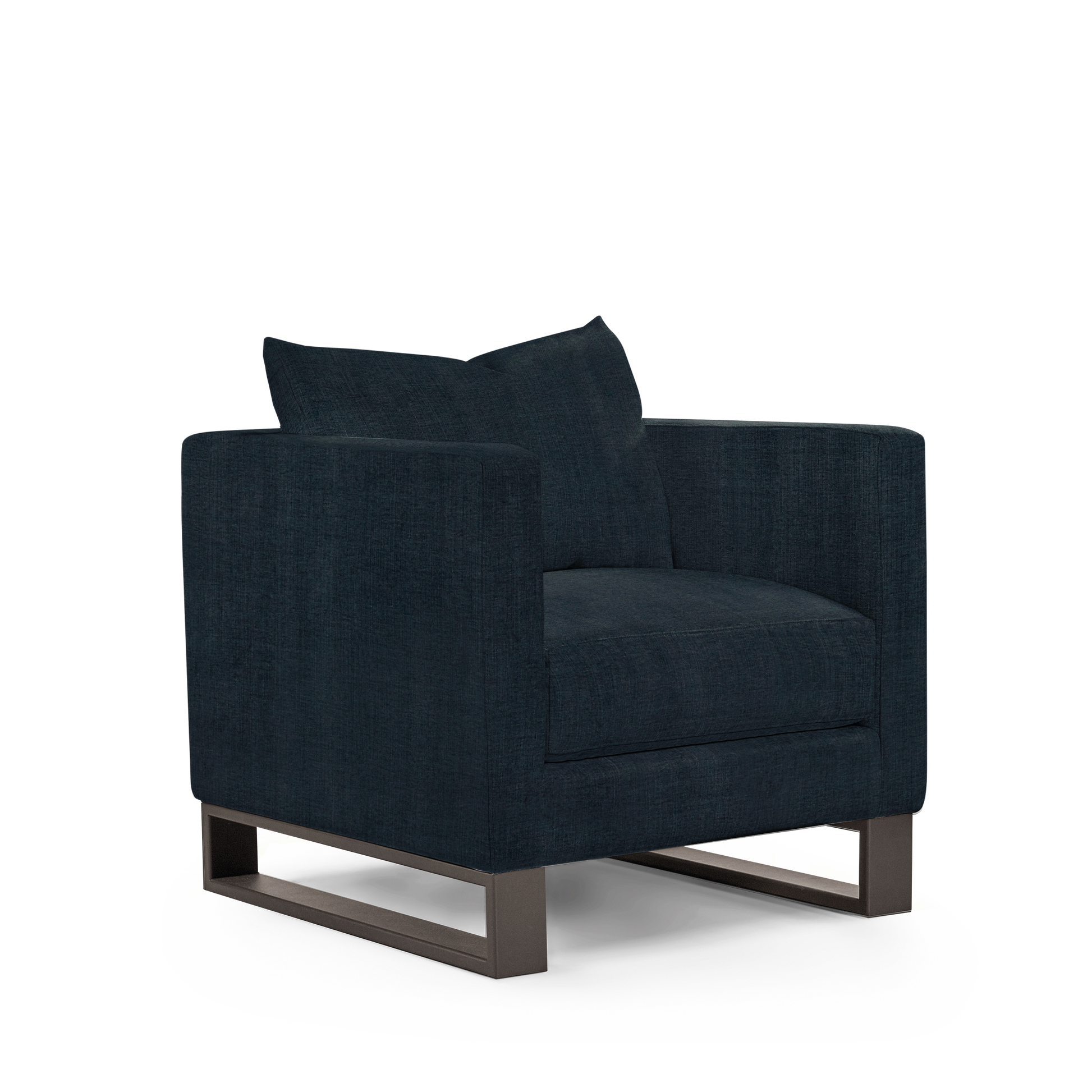 Atlin armchair with linco dark blue textile with moka legs 