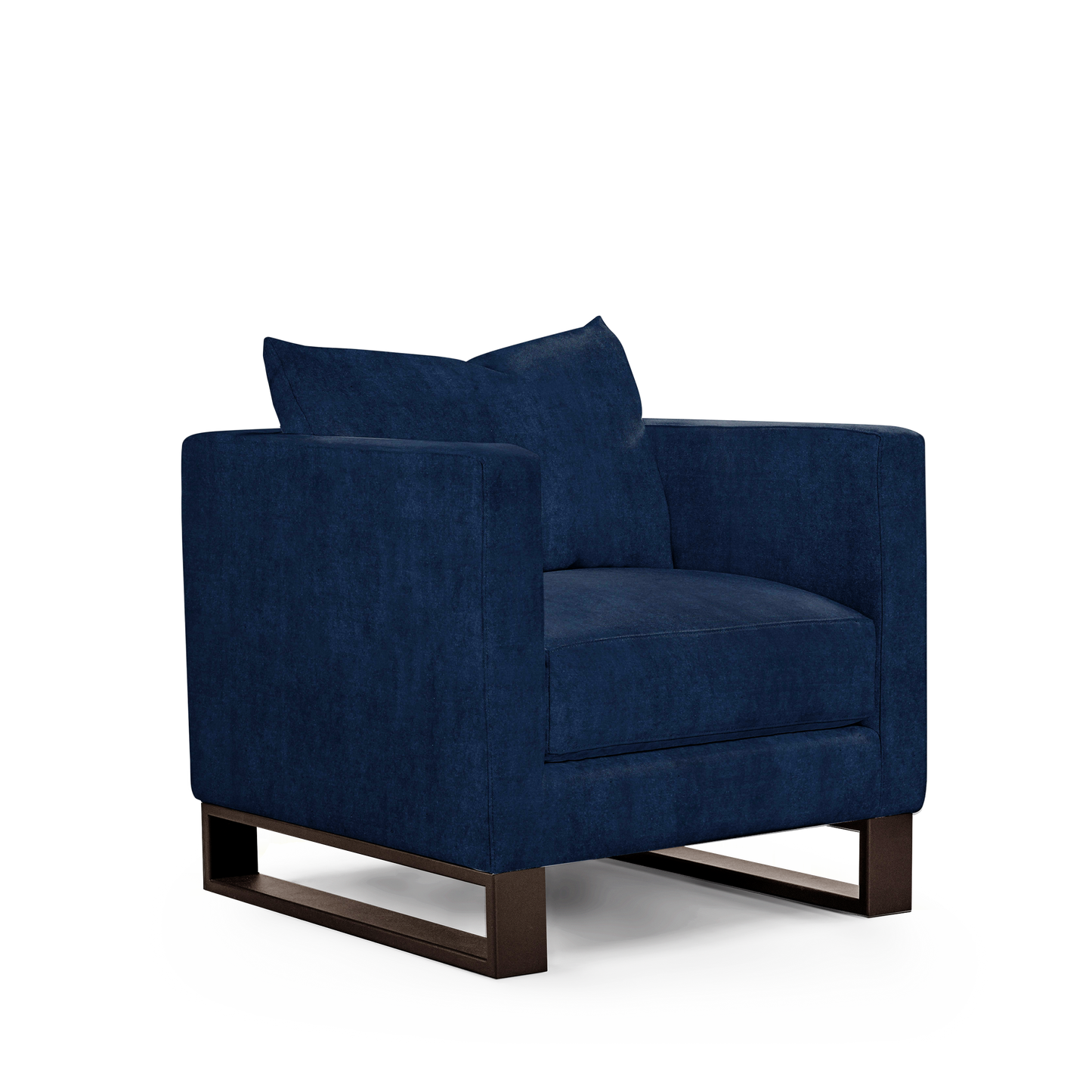 Atlin armchair with London dark blue textile with moka legs 