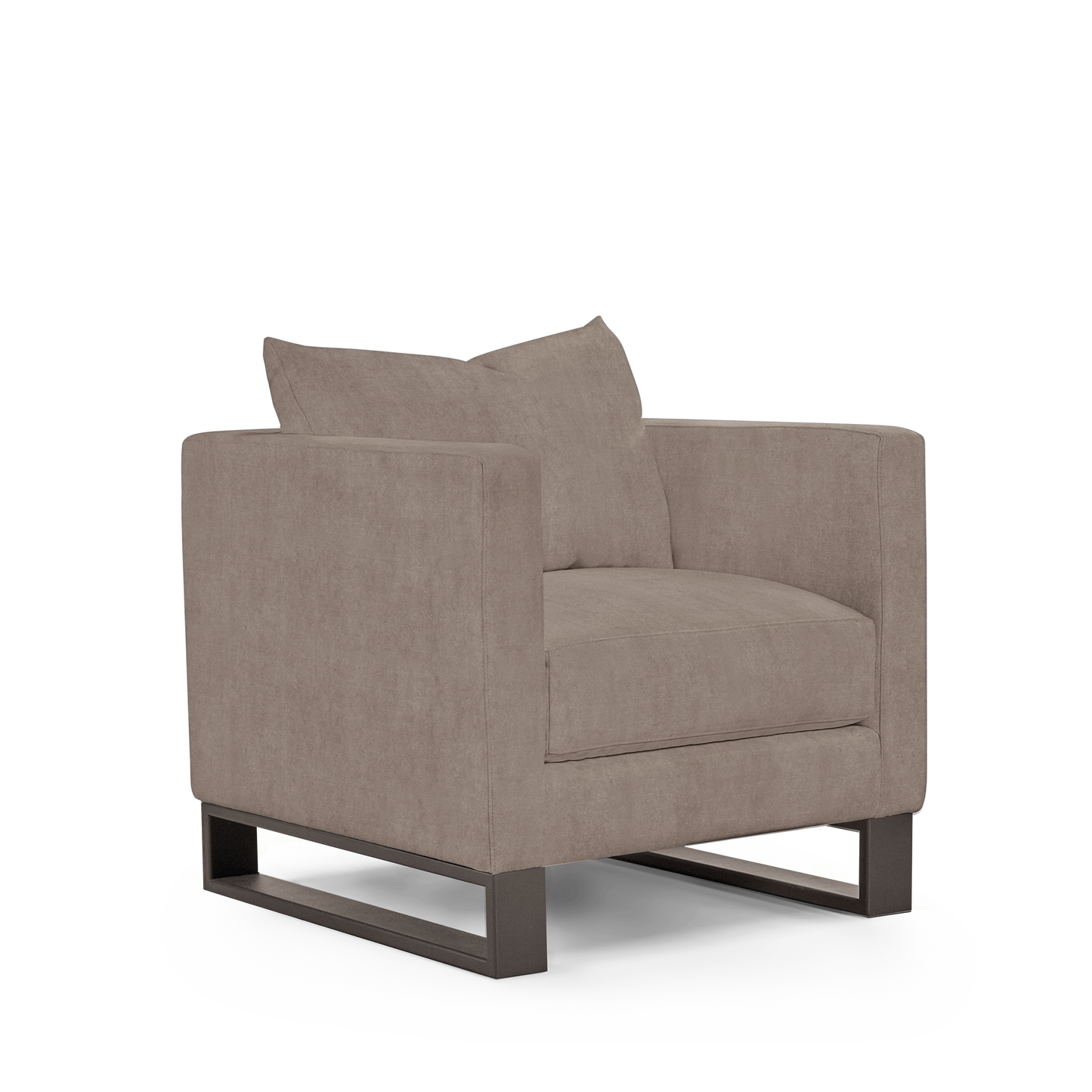 Atlin armchair with grey textile with moka legs 