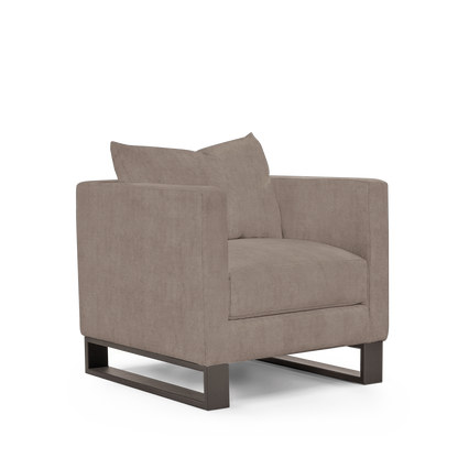 Atlin armchair with grey textile with moka legs 