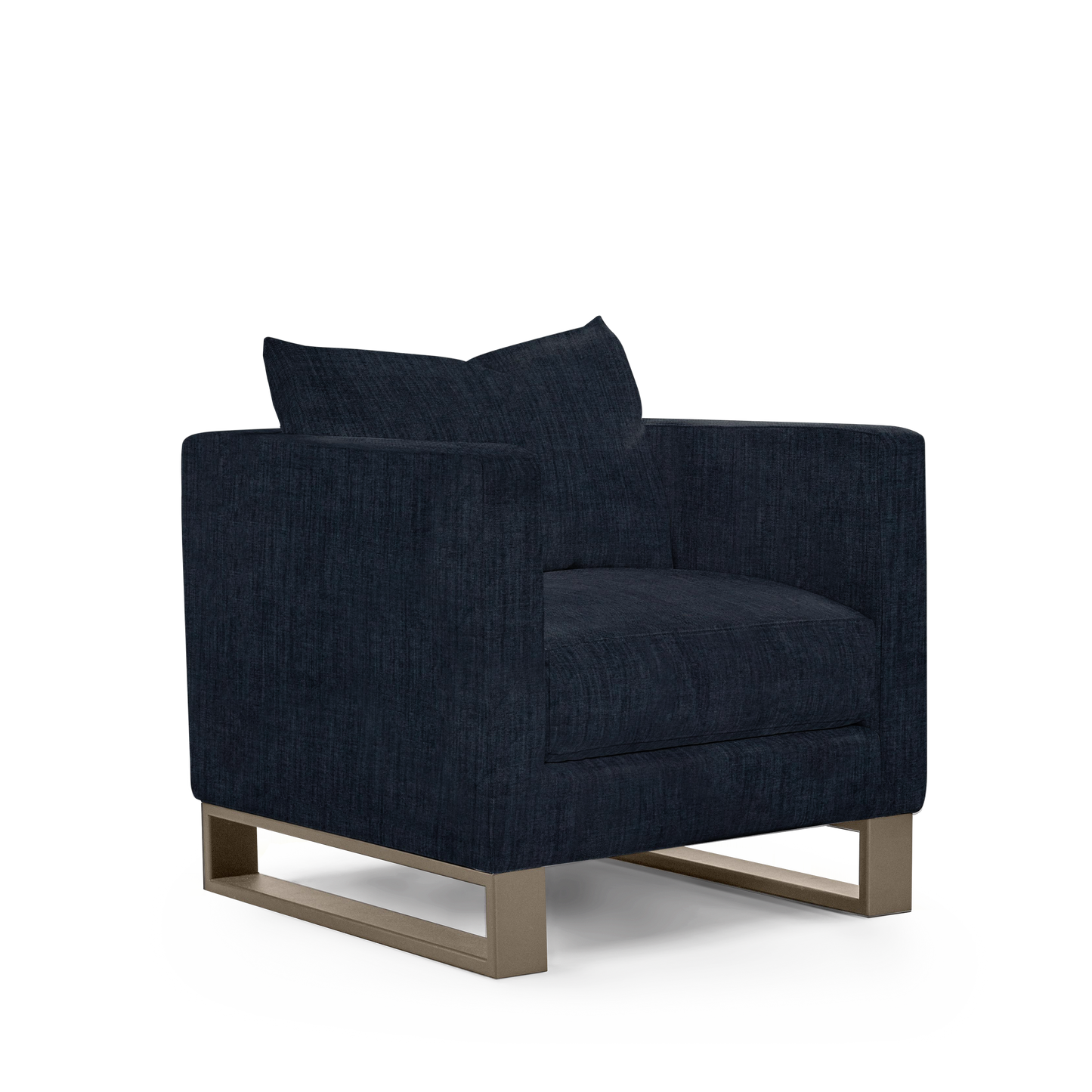 Atlin armchair with dark blue textile with champagne legs 