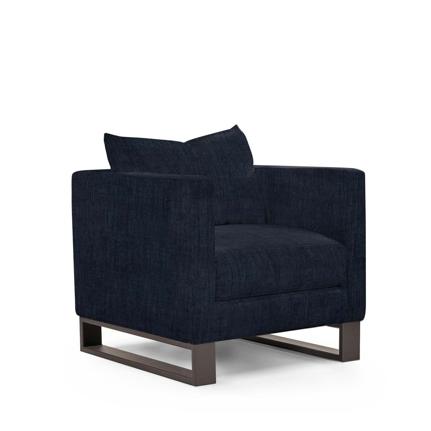 Atlin armchair with dark blue textile with moka legs 