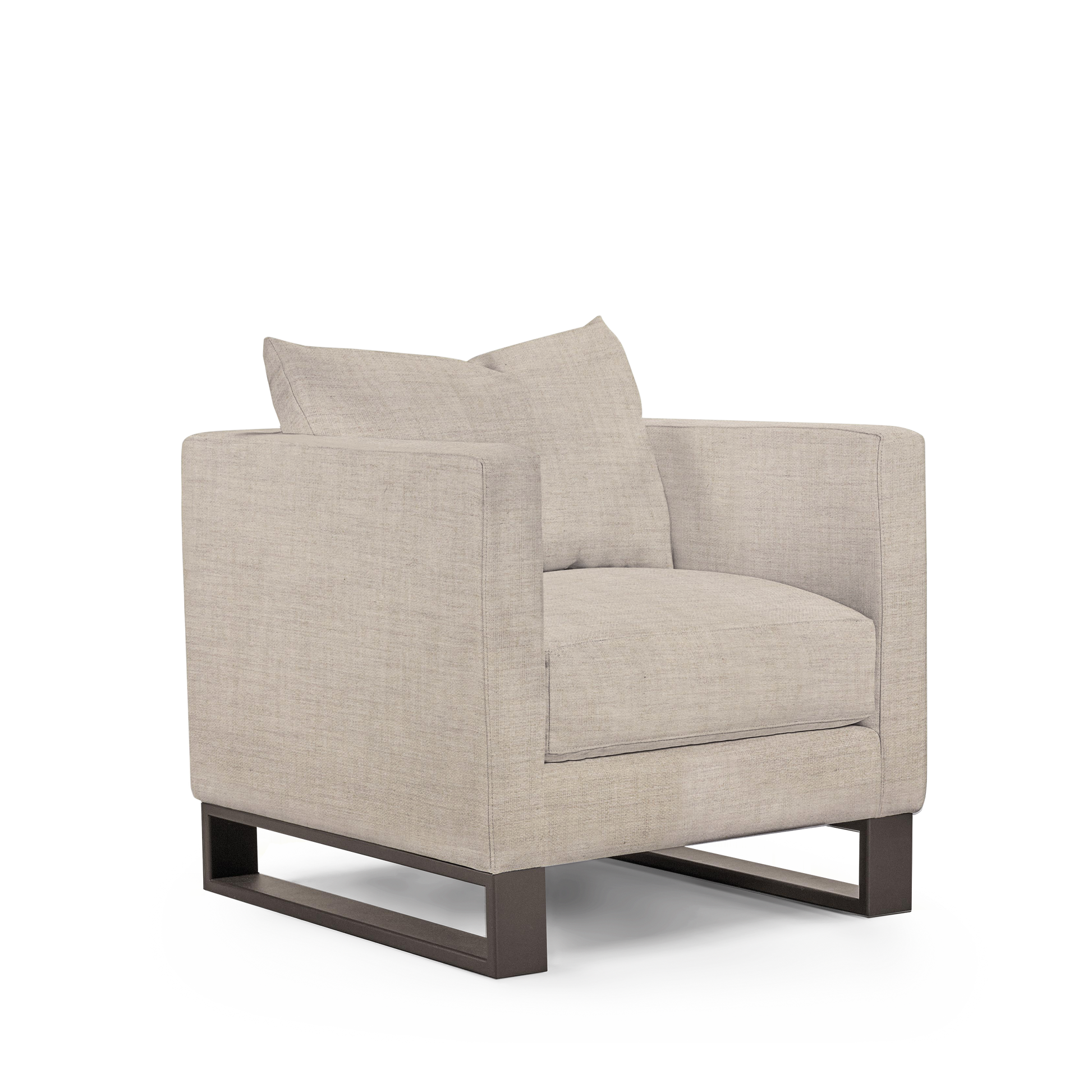 Atlin armchair with taupe textile with moka legs 