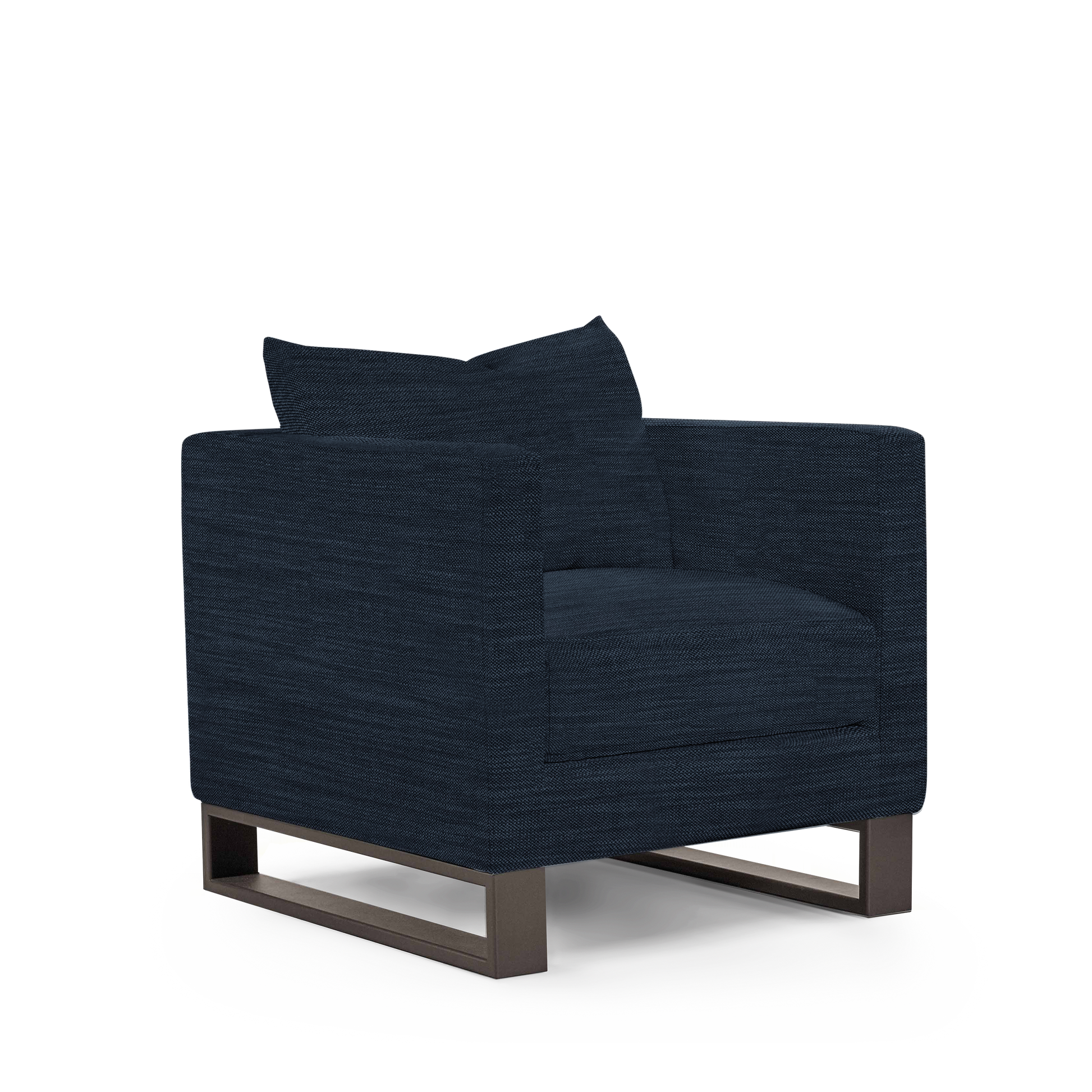 Atlin armchair with Rocco dark blue textile with moka legs  