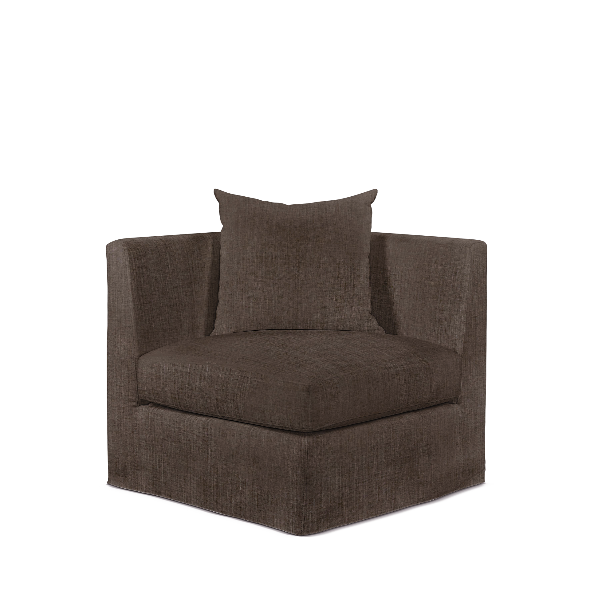 Front view of Breathe armchair with warm grey textile
