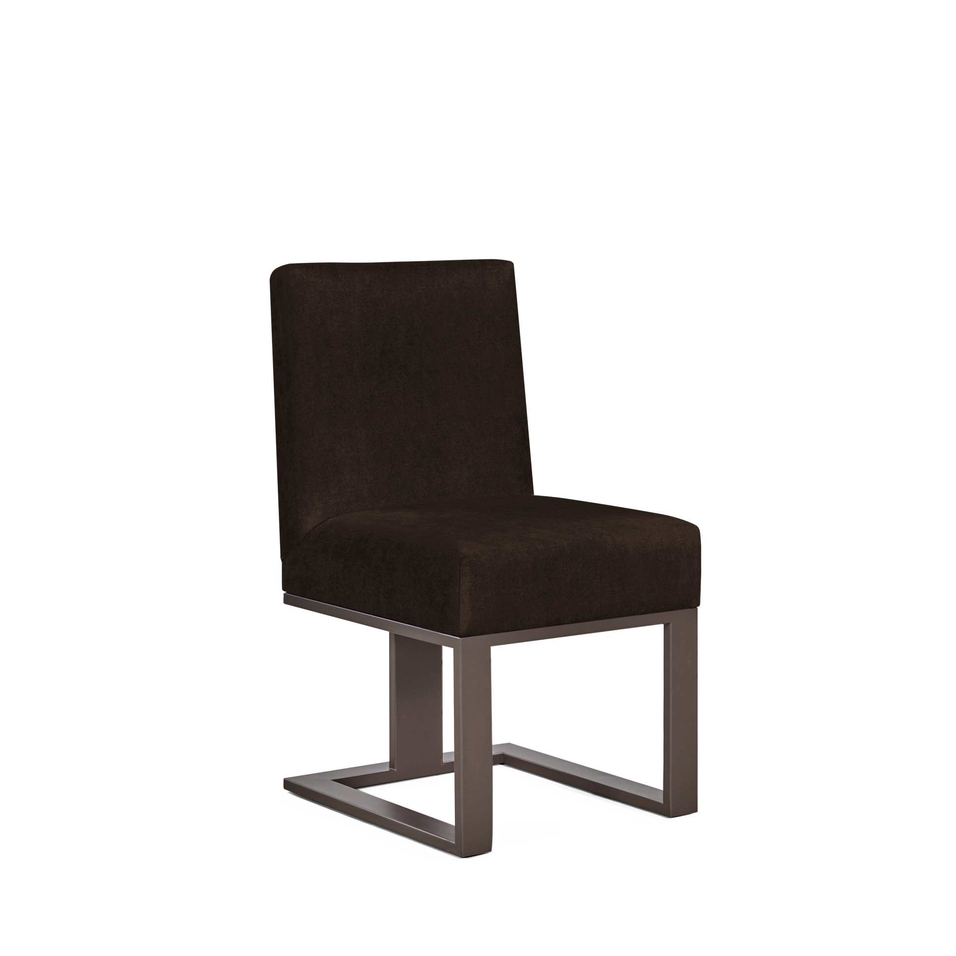 Len chair with dark brown textile and moka wood legs 
