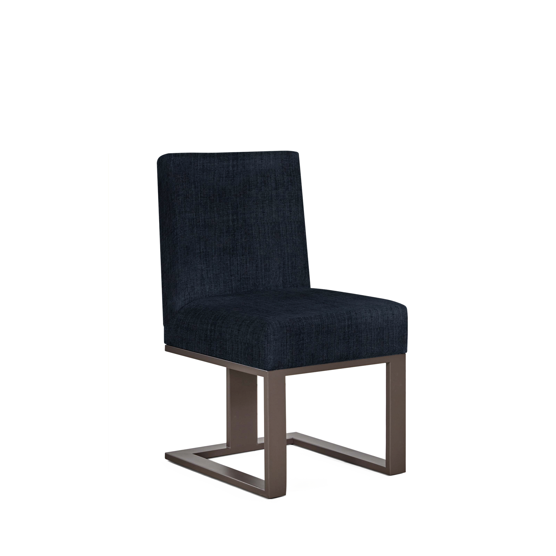 Len Chair with dark blue textile and moka wood legs 
