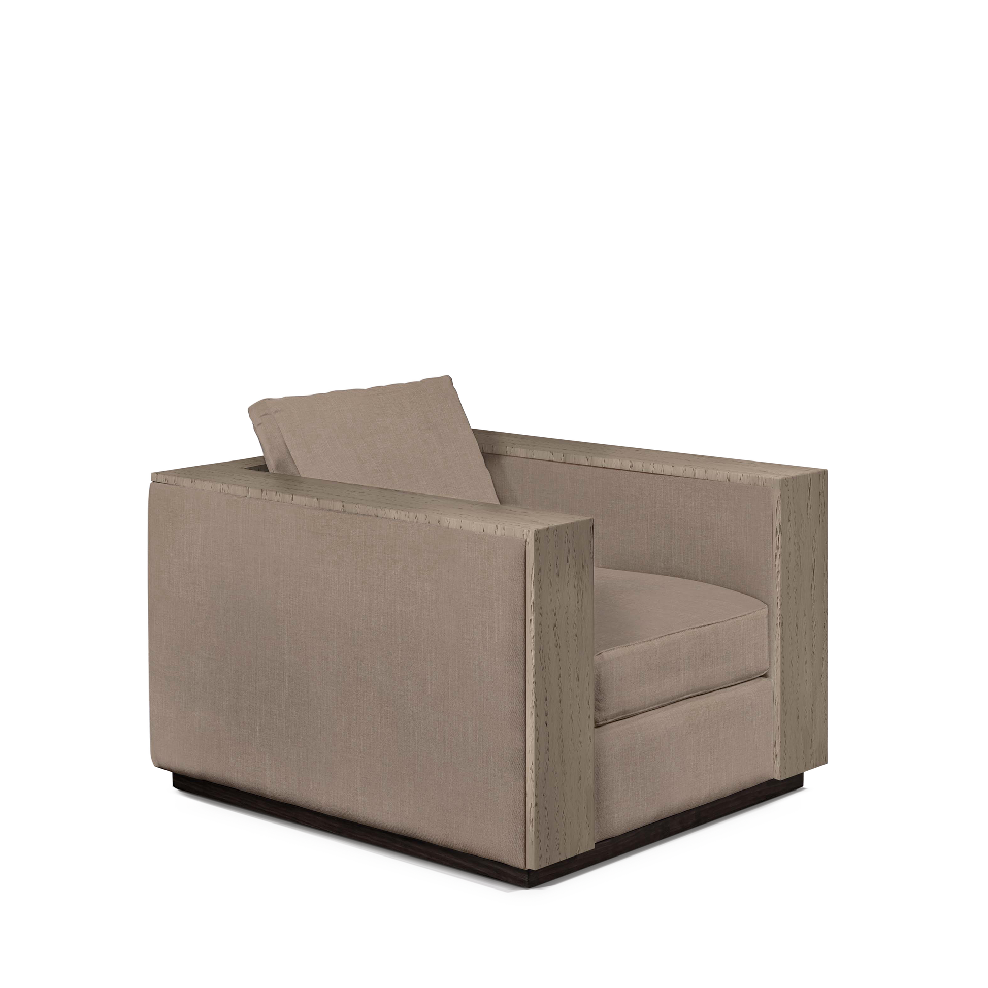 ROBLE ARMCHAIR with light brown textile and natural grey wood 