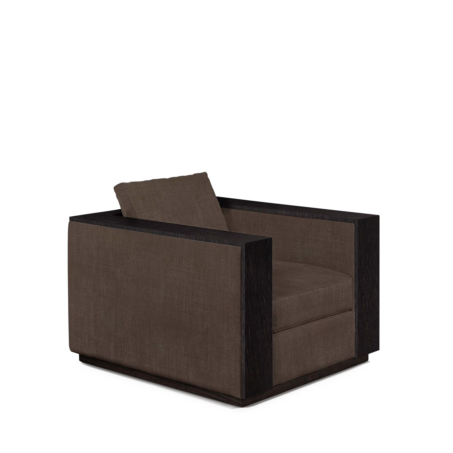 ROBLE ARMCHAIR with warm grey textile and chocolate wood 