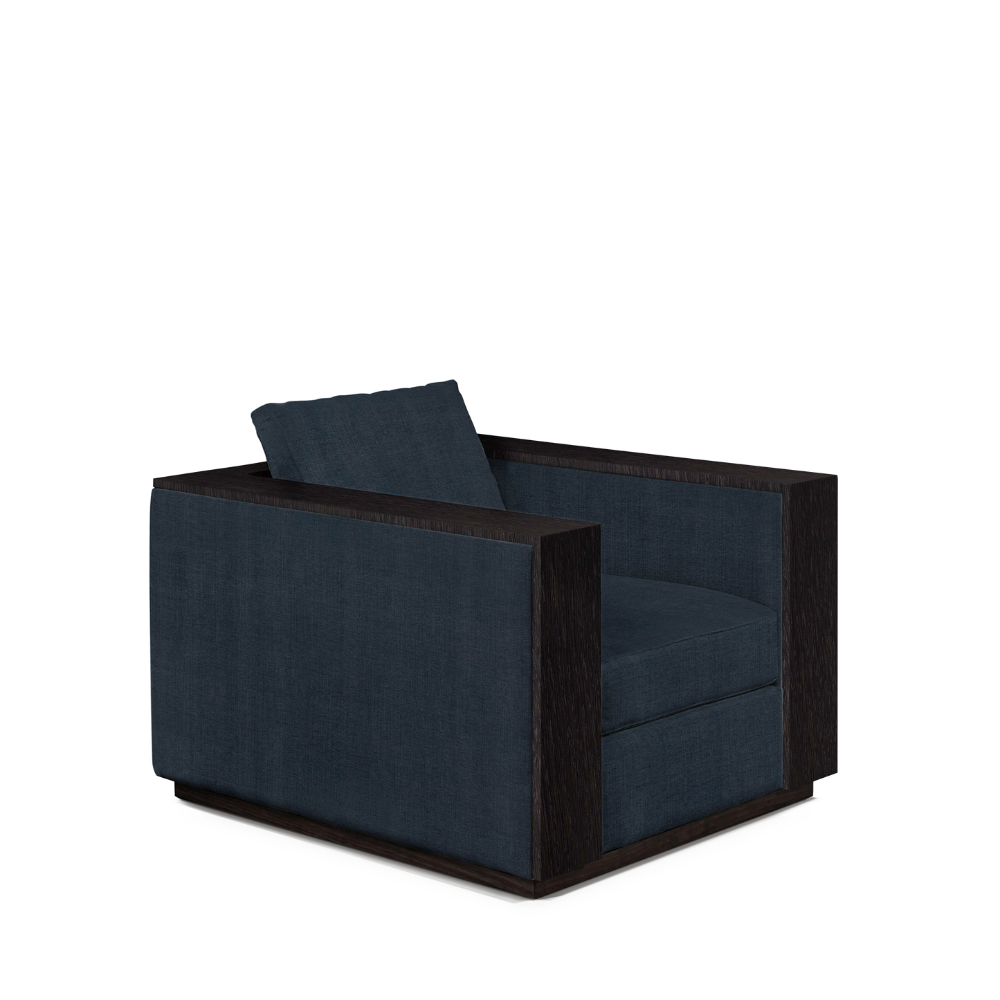 ROBLE ARMCHAIR with dark linco blue textile and chocolate wood 