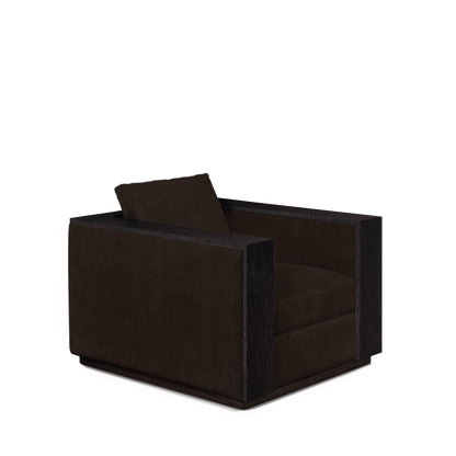 ROBLE ARMCHAIR with dark brown textile and chocolate wood 