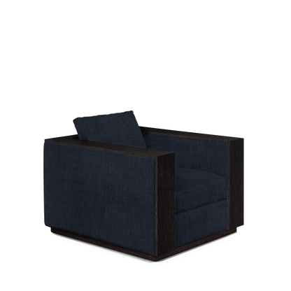 ROBLE ARMCHAIR with dark blue textile and chocolate wood 